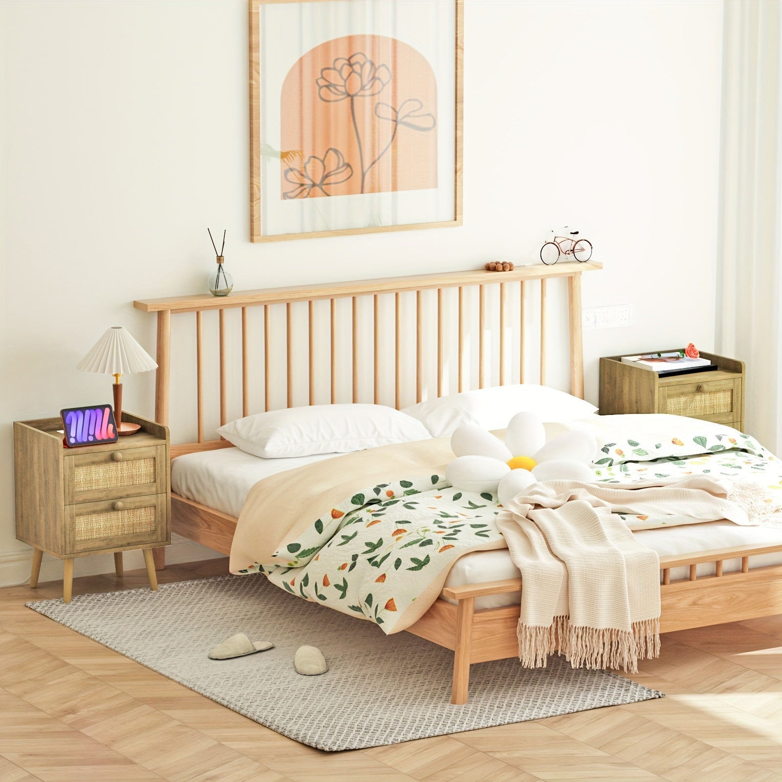 2pcs Rattan Nightstand Set With Charging Station, Boho Wooden End Table With 2 Drawers and Solid Wood Legs, Natural Bedside Tables For Living Room, Bedroom, Dorm Room