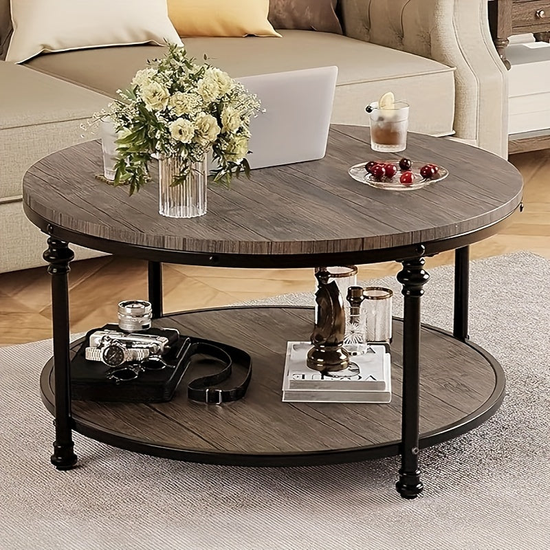 Elegant Vintage-Style Round Coffee Table with Storage Shelf - Sturdy Wood & Metal Legs, Easy Assembly, Waterproof MDF Top