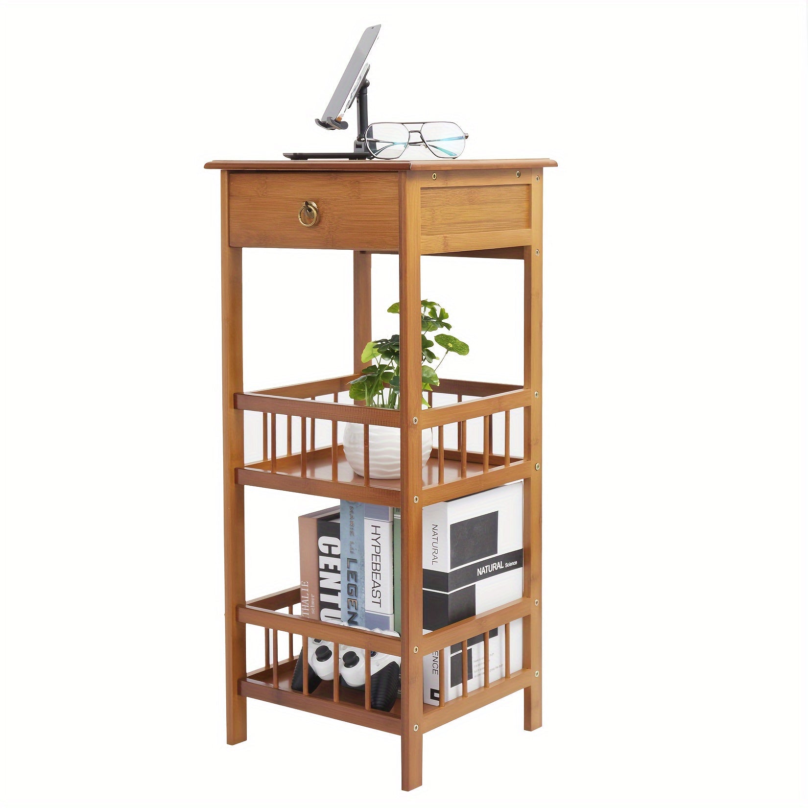 3-Tier Multifunctional Bamboo Bedside Table With Drawer Bedroom Couch Nightstand Plant Storage Shelf For Home