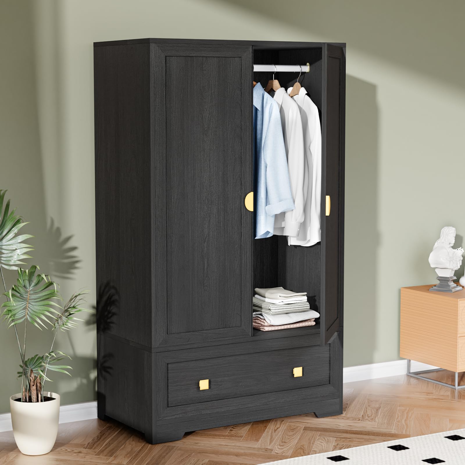 Wide Armoire Wardrobe Closet with Shelves, Hanging Rod and Drawers, Freestanding Closet Wardrobe Cabinet, Armoires and Wardrobes with Doors for Bedroom, Dorm