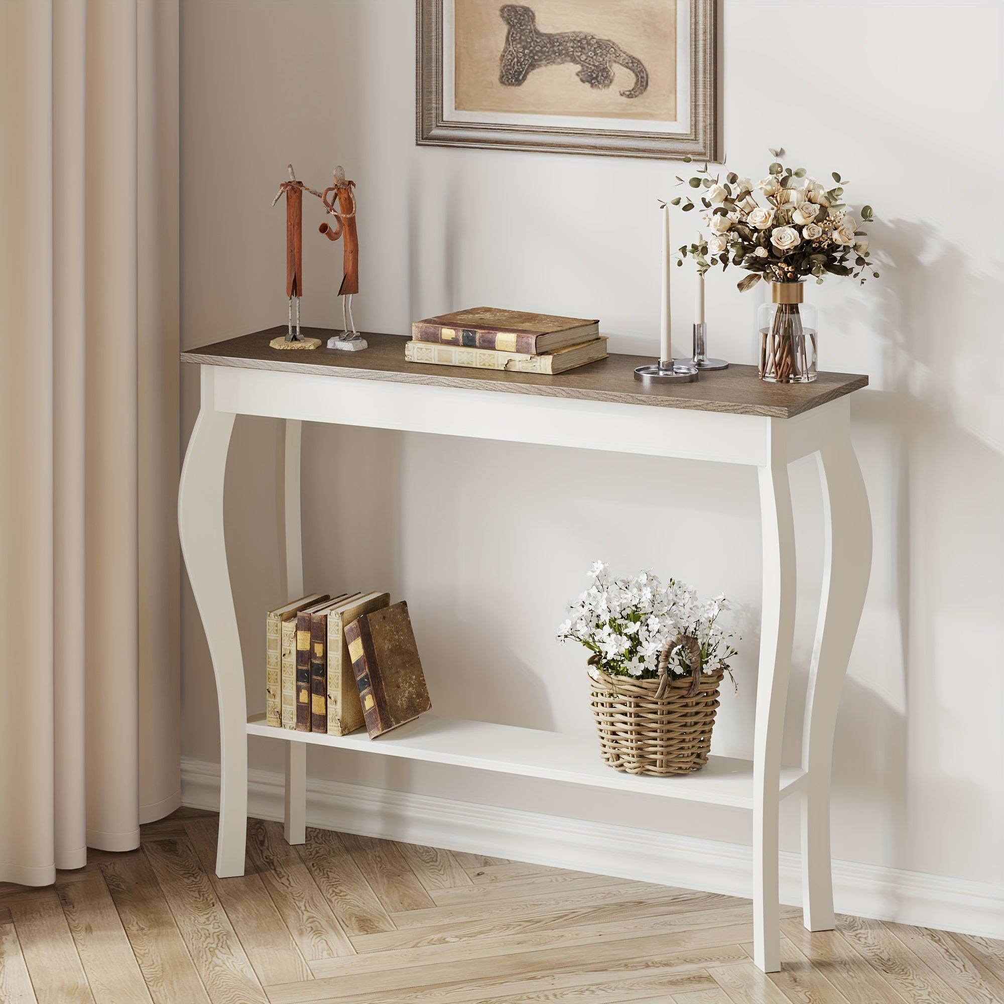 Farmhouse Console Sofa Table with S-Shape Wooden Legs, Chic Accent Narrow Console Table With Sturdy Frame And Open Shelf for Entryway, Living Room And Hallway, Space-Saving Design, Versatile and Easy to Assemble