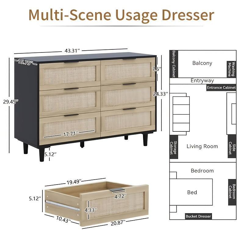 Rattan Dresser For Bedroom, 6 Drawer Wide Dresser, Boho&Farmhouse Chest Of Drawers, 43" Clothes Storage Cabinet, Metal Handle&Wood Legs For Hallway, Living Room, Bedroom, Black, Storage Drawer Units