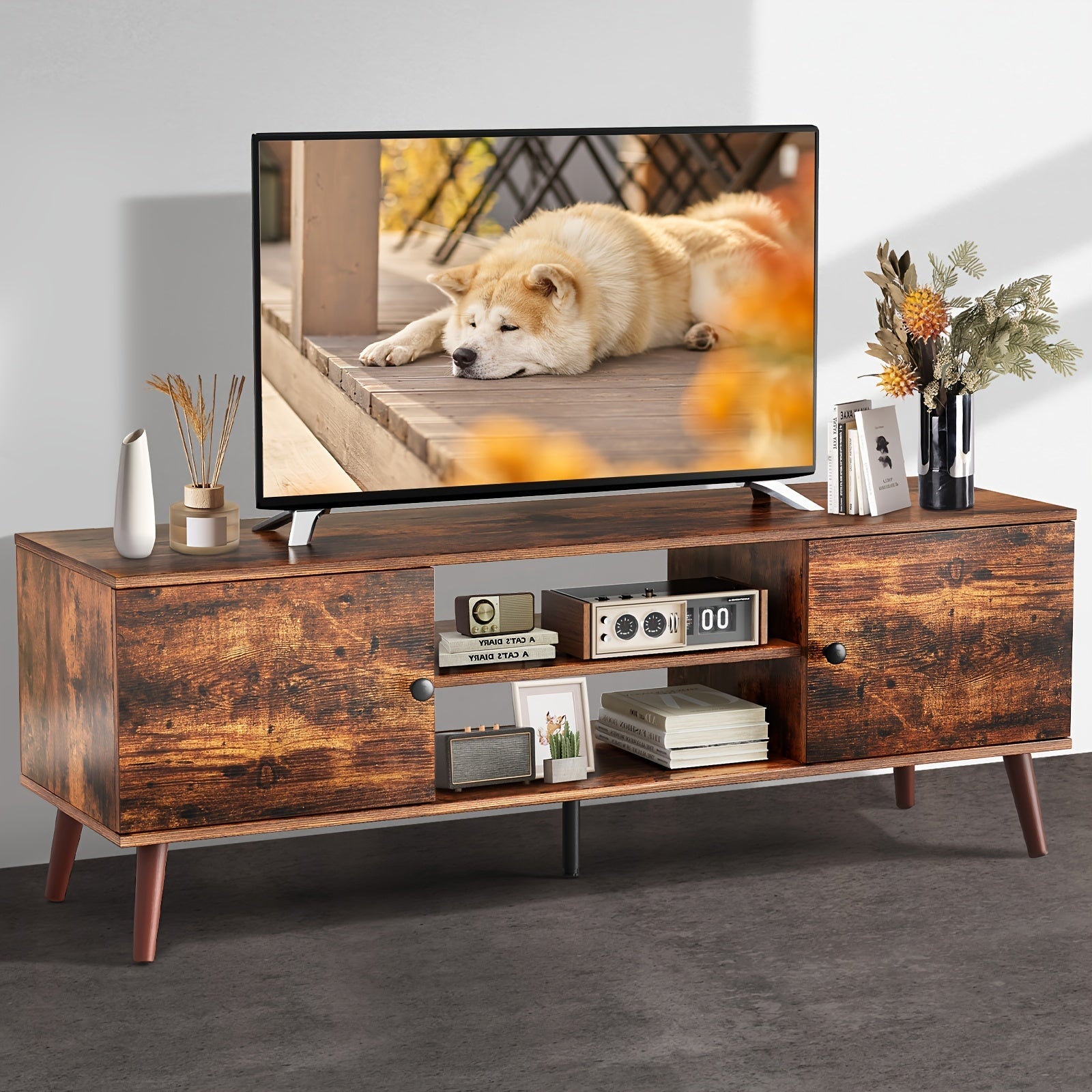 TV Stands For Living Room, Entertainment Center With Storage Cabinet, Media Console Table Stand Up To 60 Inch For Bedroom, Black/Brown