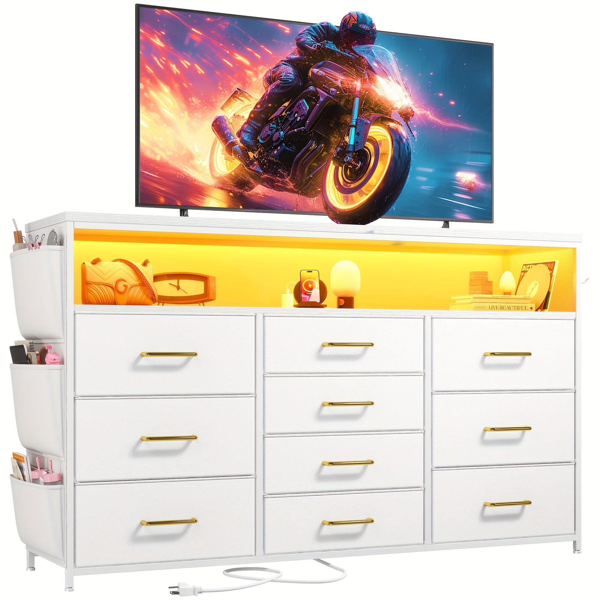 Dresser TV Stand With 10 Drawers For 140cm TV Stand For Bedroom With LED Lights & Power Outlets Wide Dresser
