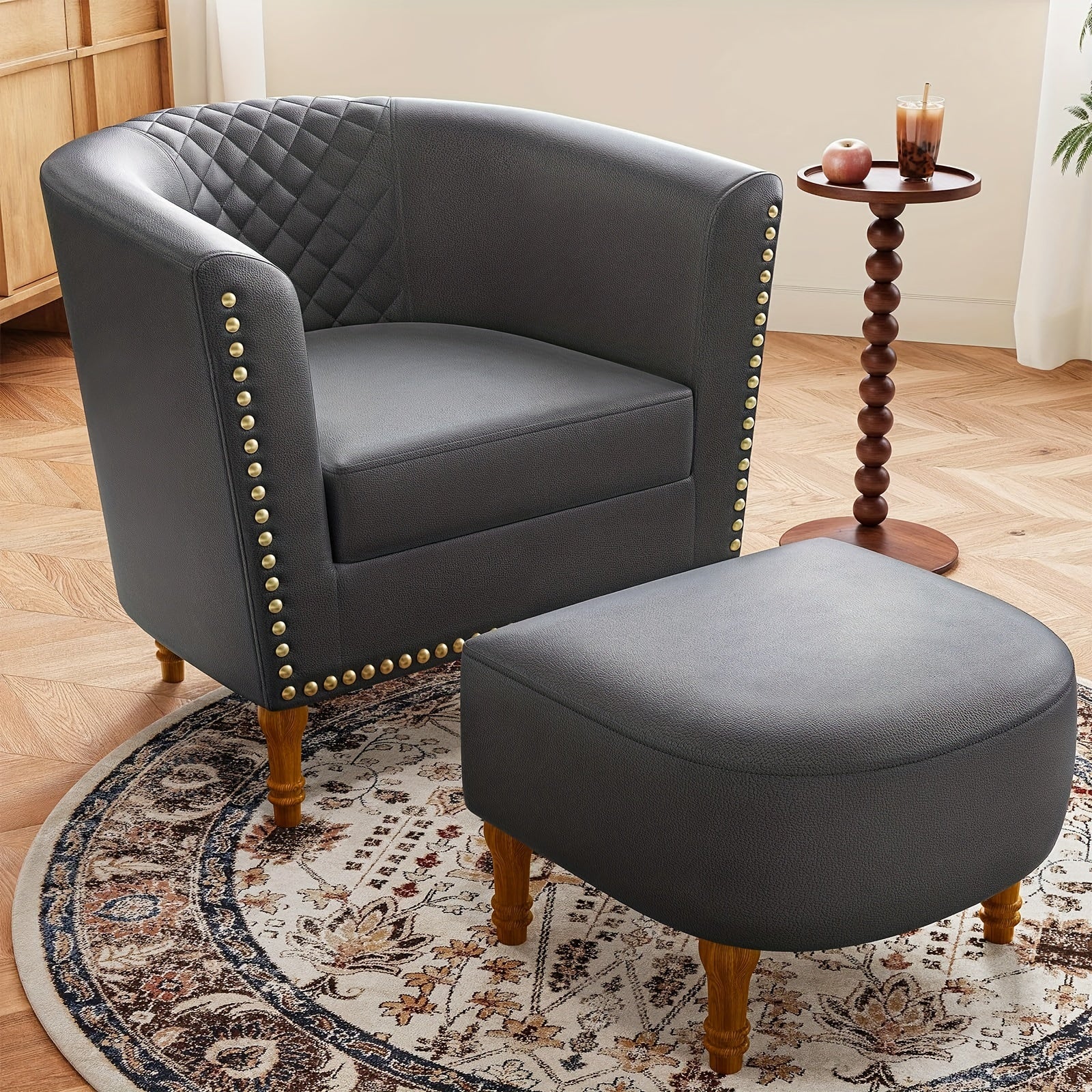 Barrel Chair With Ottoman, Accent Chair, Faux Leather Armchair Club Chair With Soft Cushion & Solid Wood Legs For Living Room, Bedroom