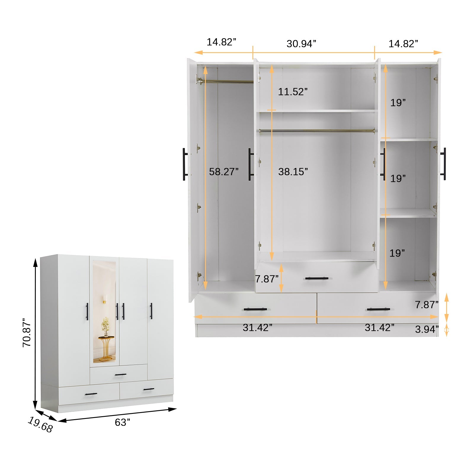 4-Door Armoires Wardrobe Closet with Hanging Rods & Drawers, Wood Bedroom Wardrobe for Clothing Storage