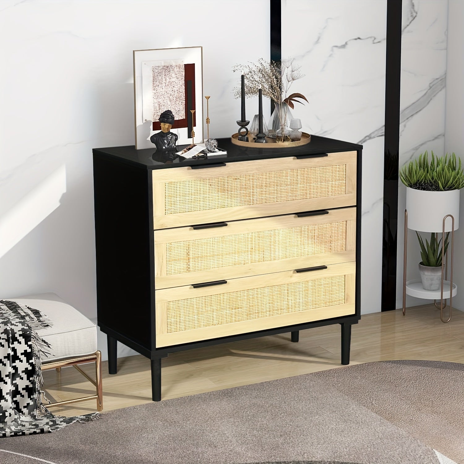 3-Drawer Modern Rattan Chest Of Drawers, Bedroom Dresser, Versatile Storage Cabinet For Lab, Living Room, Entryway