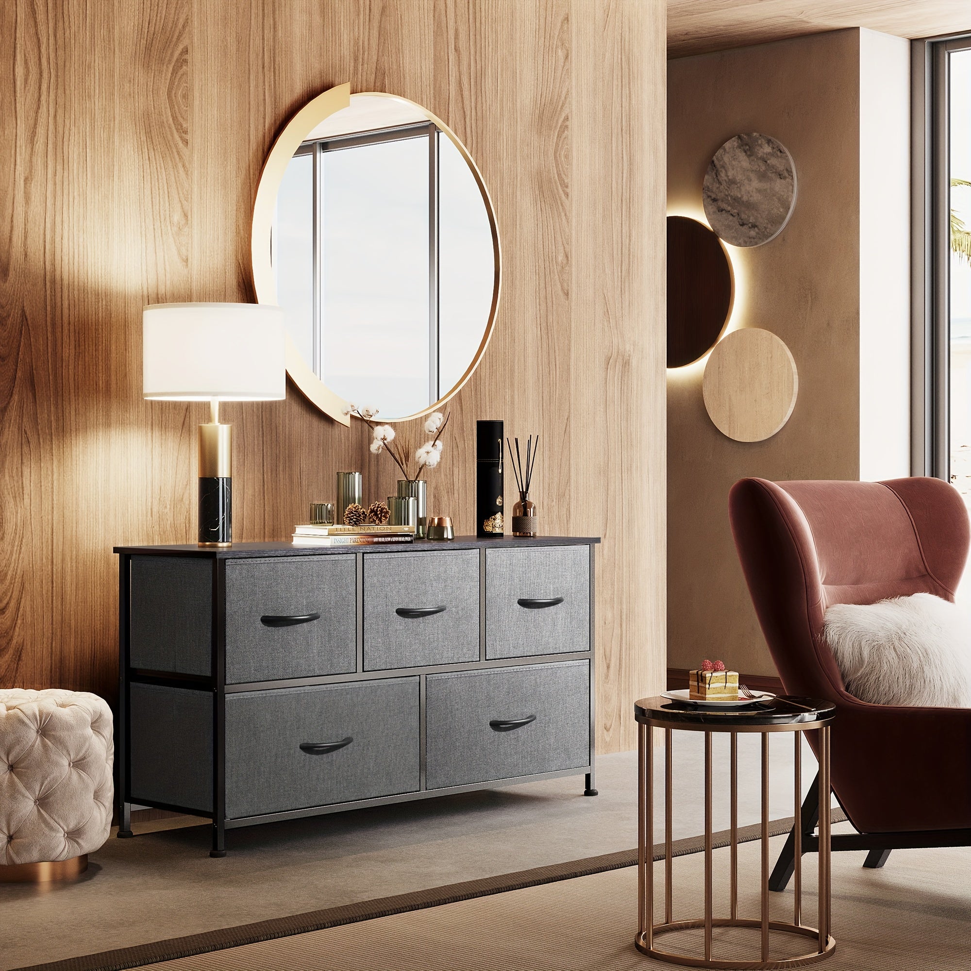 Modern 5-Drawer Fabric Storage Dresser - Freestanding Wood Frame Organizer for Bedroom & Living Room - Dresser