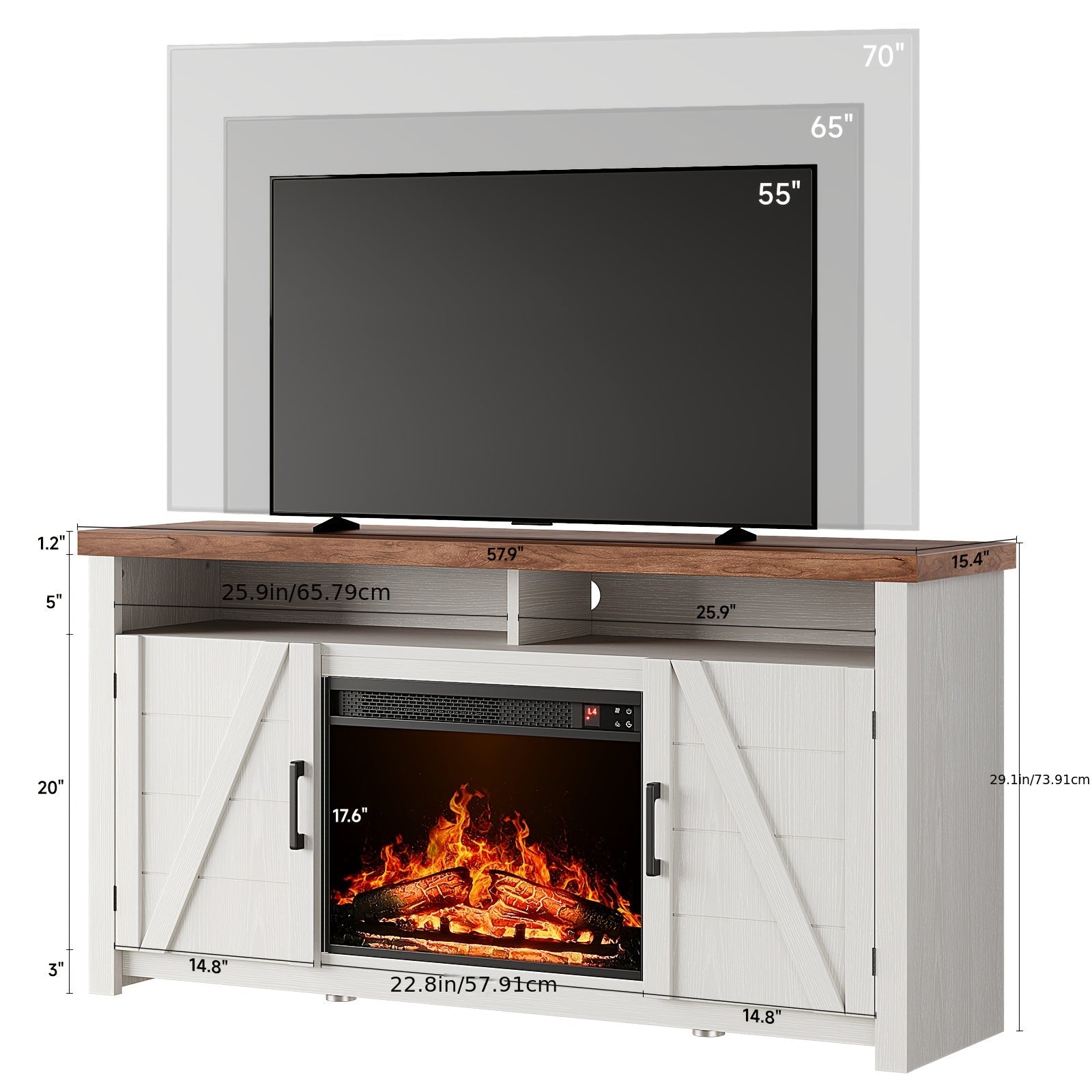 Rustic Farmhouse Highboy TV Stand with 58cm Electric Fireplace - Antique White Fits Up to 70’’ TVs Spacious Media