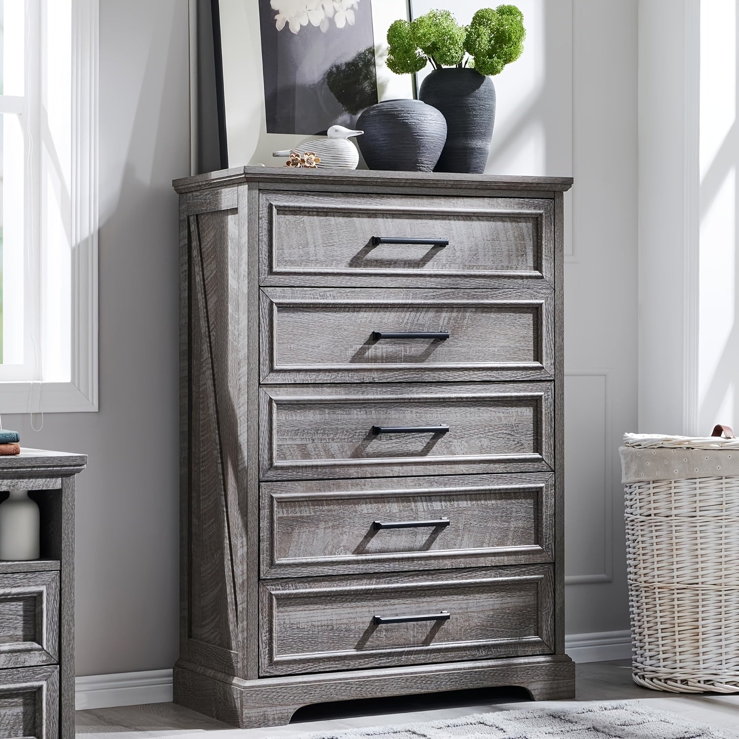 Rustic 5-Drawer Wooden Dresser Chest 117cm Tall with Wide Metal Handles Natural Texture Finish Ideal for Bedroom Living