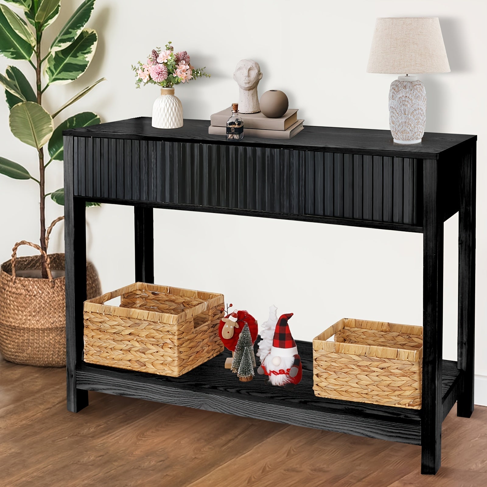 Long Console Table with Storage, Fluted Entryway Table, Slim Sofa Table Behind Couch Entry Table, Narrow Wood Hallway Table, Modern Living Room Couch Table, Black Foyer Entrance Table