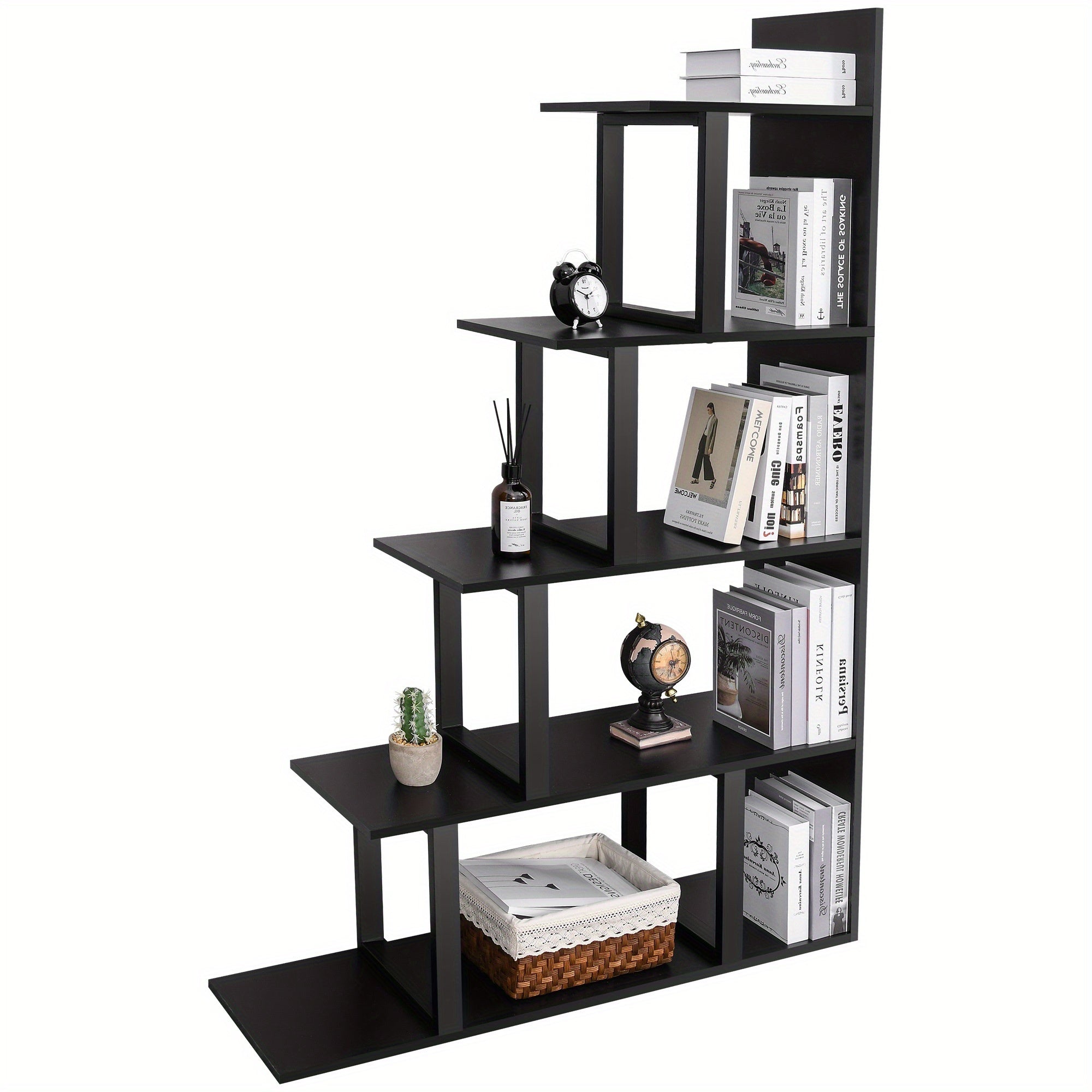 5- Shelf Bookshelf L- Shape Freestanding Ladder Corner Bookcase Display Rack Home - Black - Bookshelf Westberry