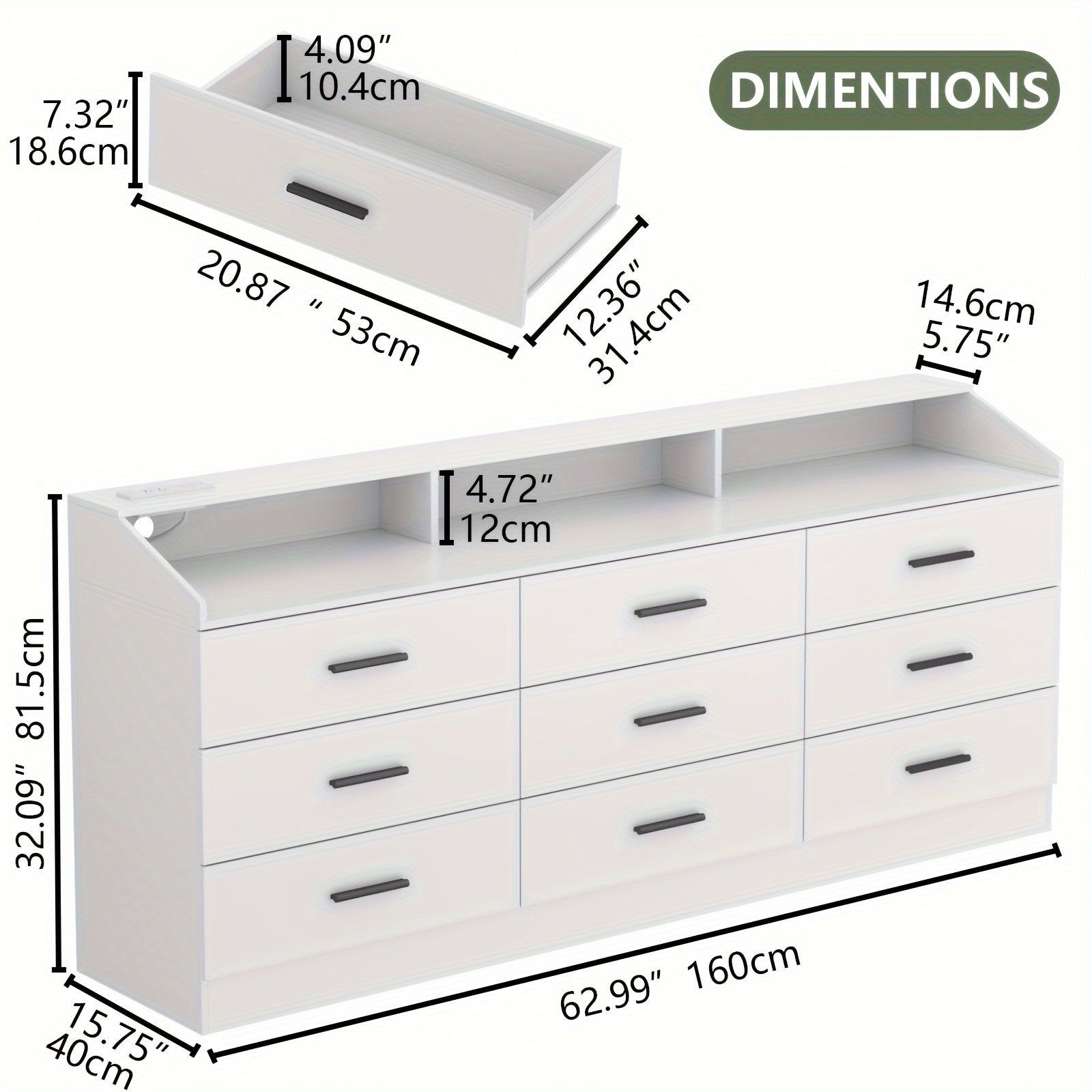 White/ Black Dresser For Bedroom 9 Drawers Dresser With Power Outlet Chest Of Drawers For Closet Modern Dresser