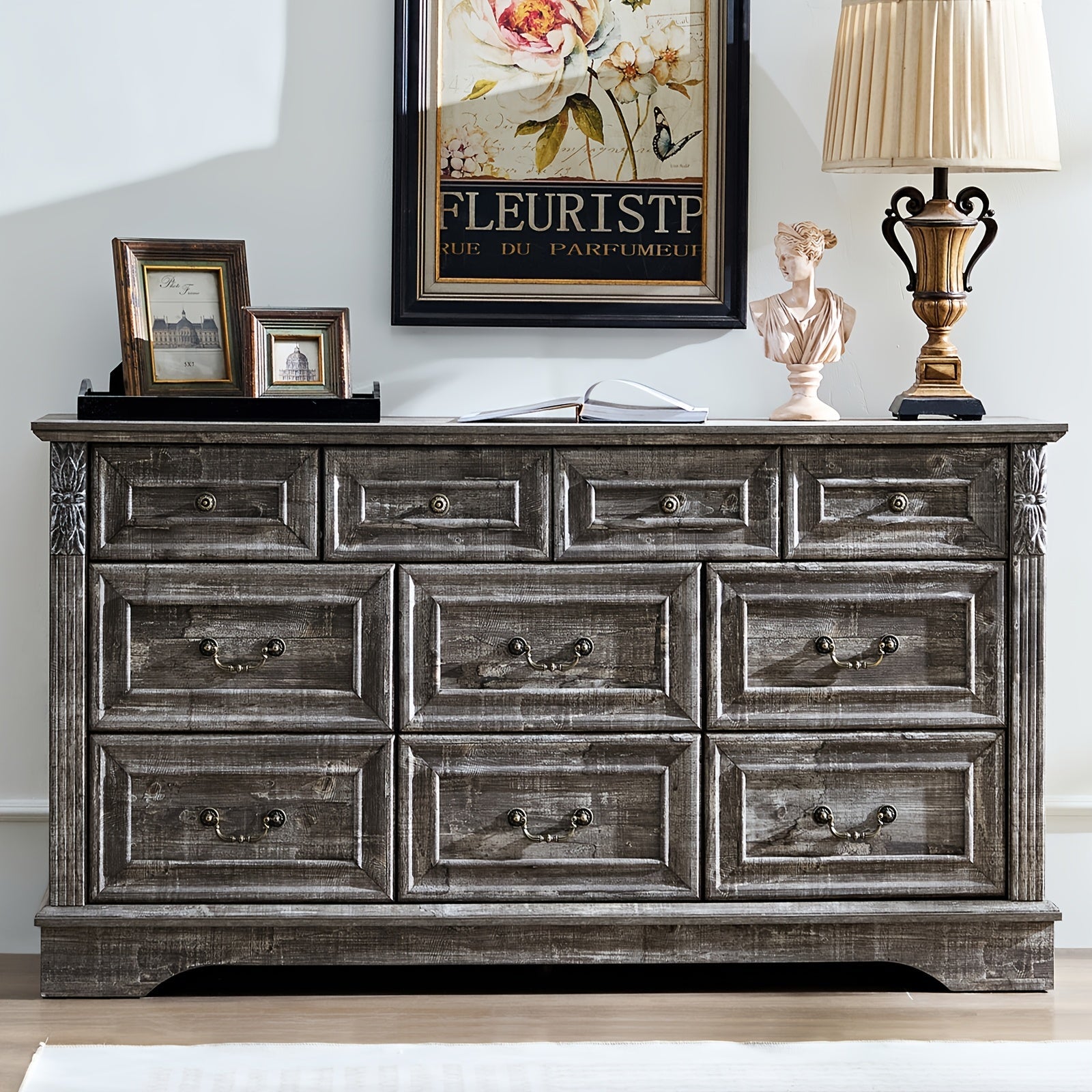 Farmhouse Dresser For Bedroom, 54" Wide 7 Drawers Dresser, Wood Dresser For Bedroom, Grey 10 Chest Of Drawers With Thickened Wood Carving For Closet, Hallway