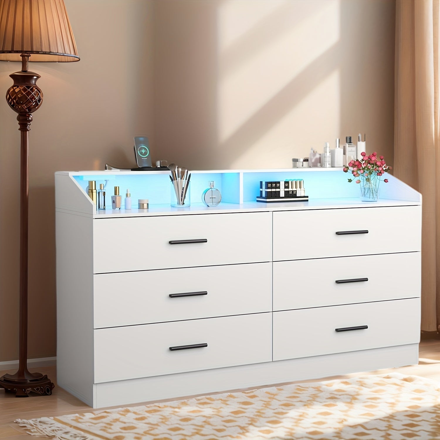 6 Drawers Dresser With LED Light And Charging Station Modern Dressers For Bedroom Dresser With Open Storage Cubby