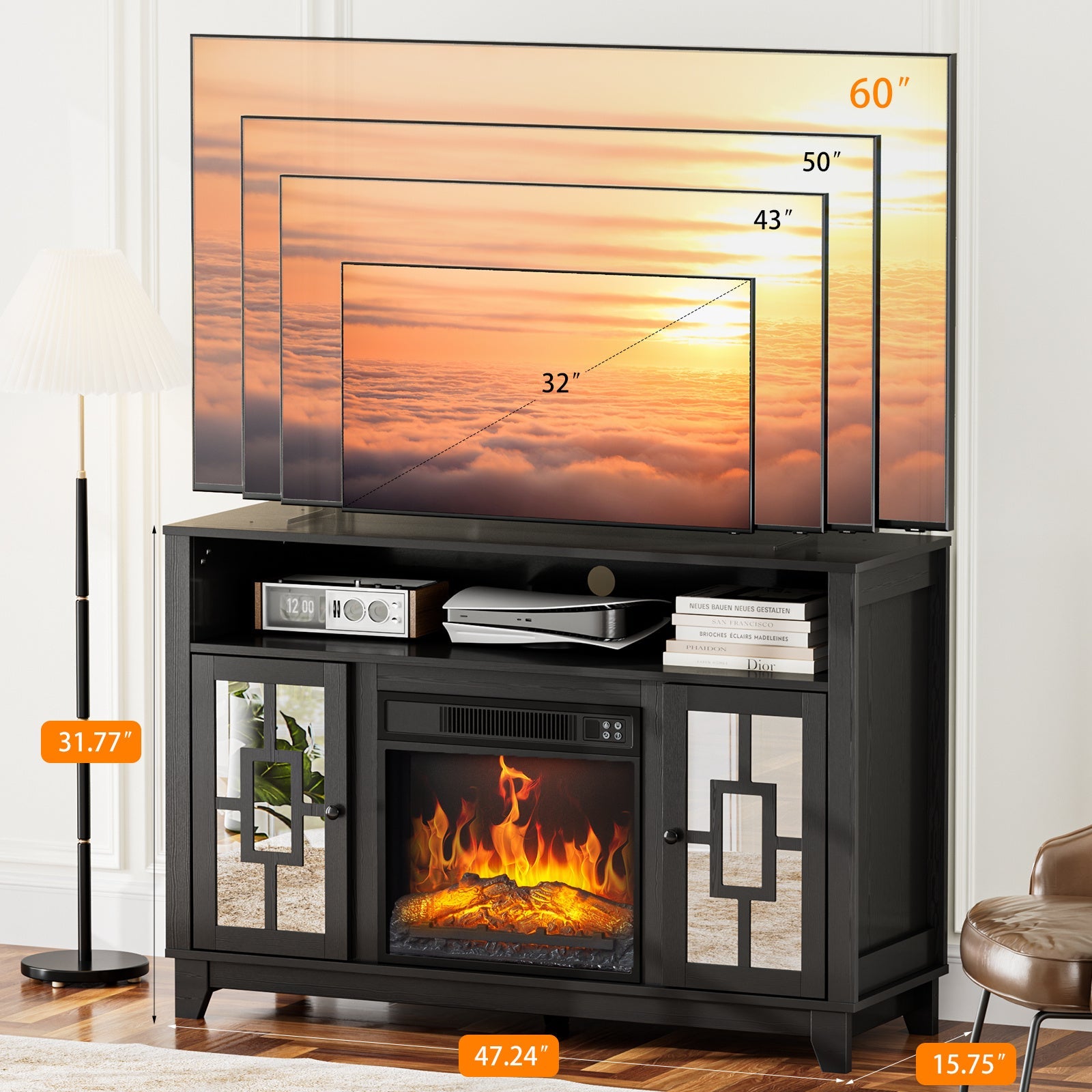 60-Inch Modern LED TV & Fireplace Entertainment Center with Glass Door Storage, Black Console Table with Ample Space for Media & Gaming - No Assembly Required