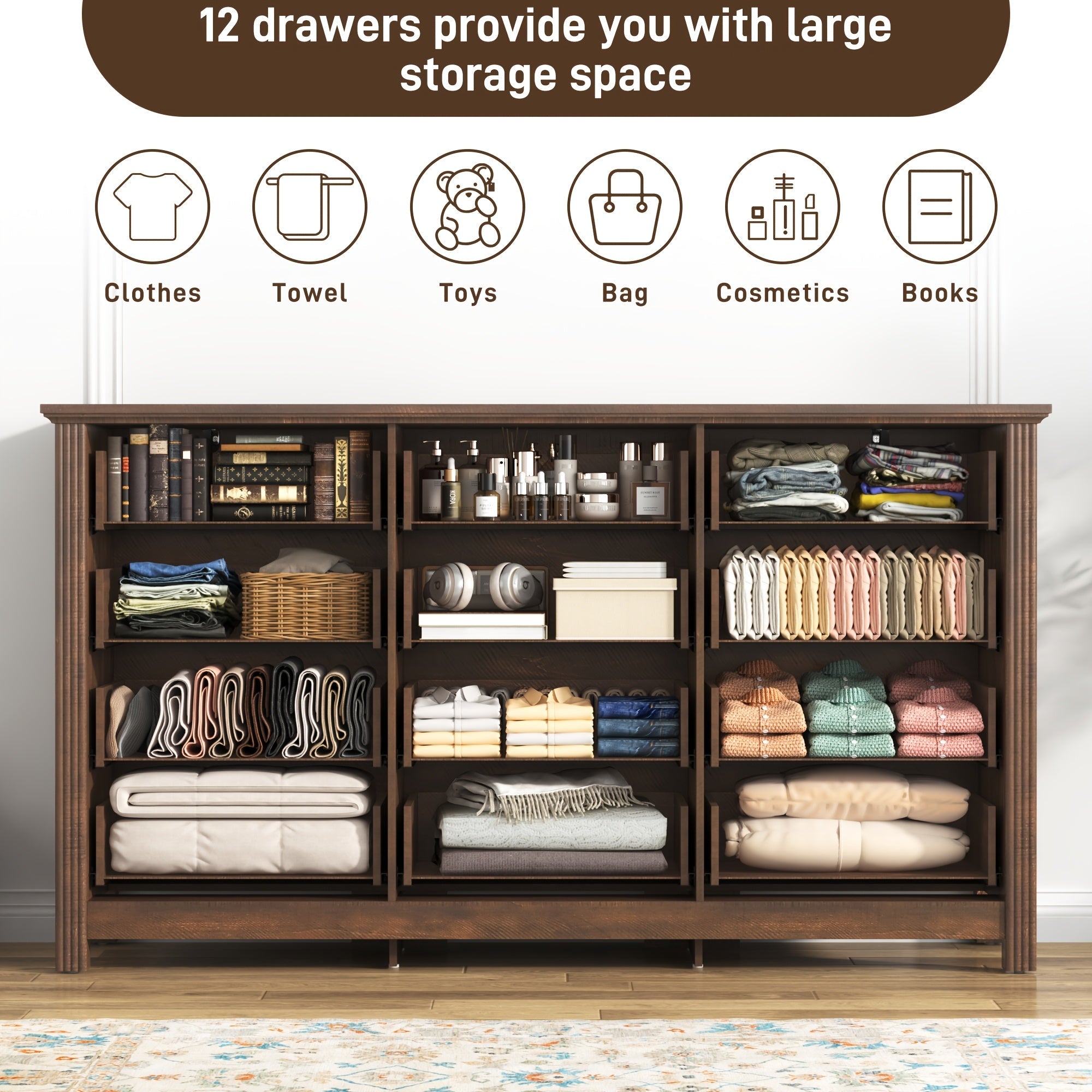 Spacious 160cm Wide Rustic Farmhouse Dresser with 12 Drawers - Vintage Wooden Chest of Storage Natural Textured Finish