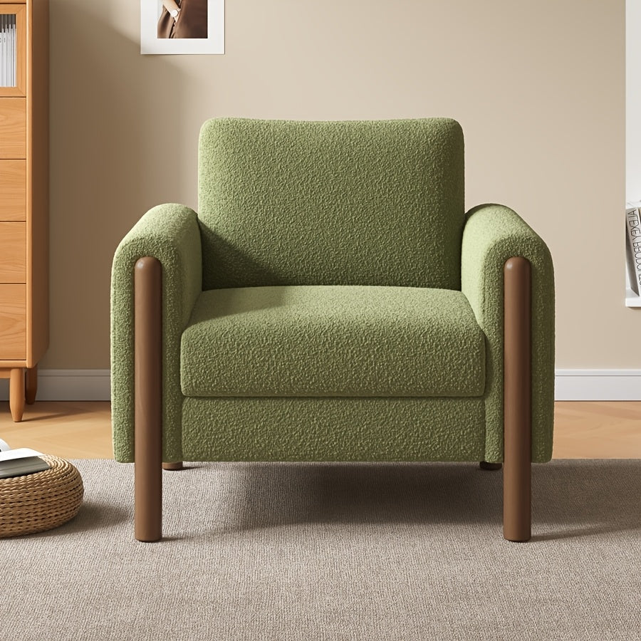 Luxurious Green Upholstered Accent Chair with Walnut Legs and Curved Armrest - Soft Cushioned Single Sofa for Living Room