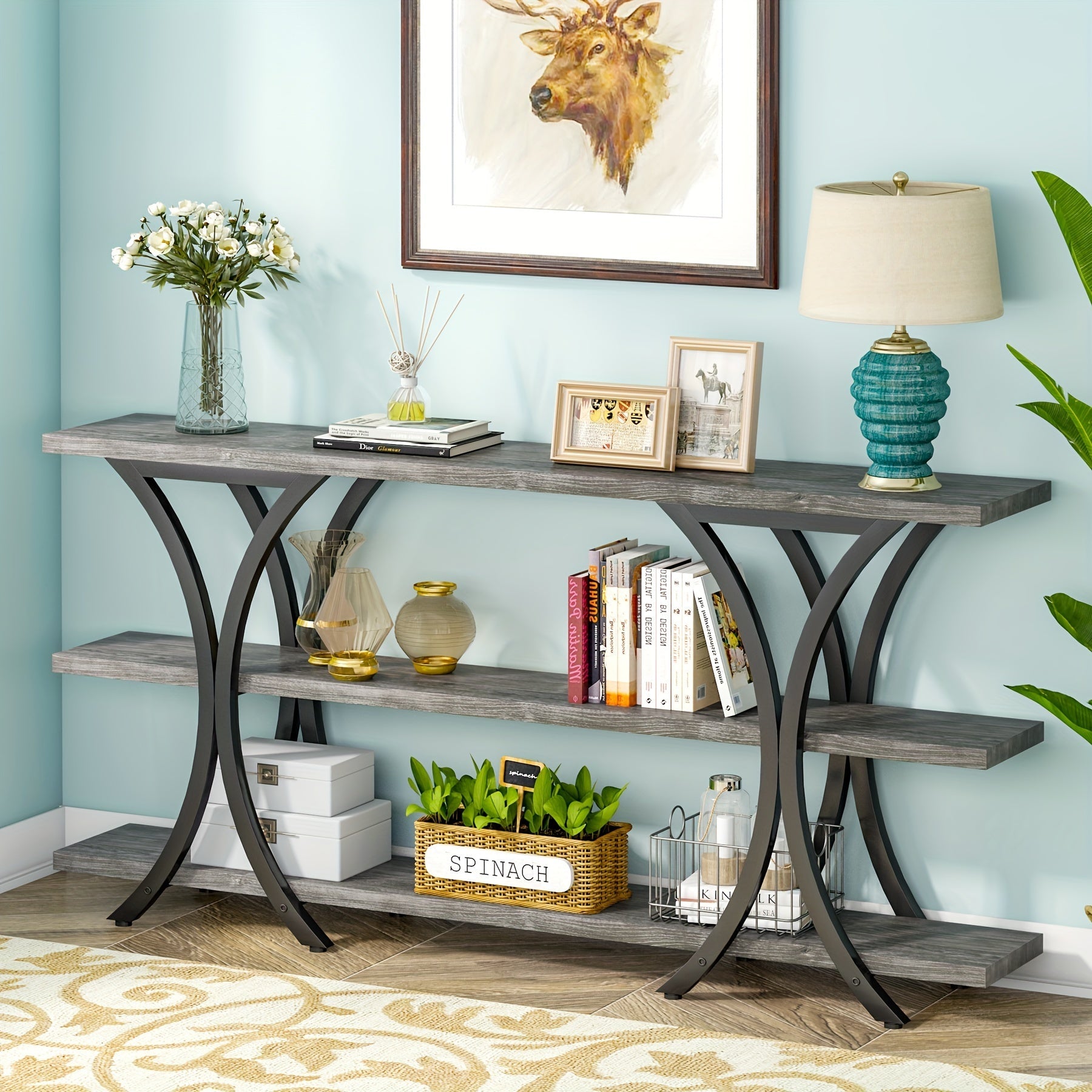 70.8 Inch Narrow Console Table, Long Sofa Table Entry Table with 3 Tier Storage Shelves for Entryway Hallway Living Room