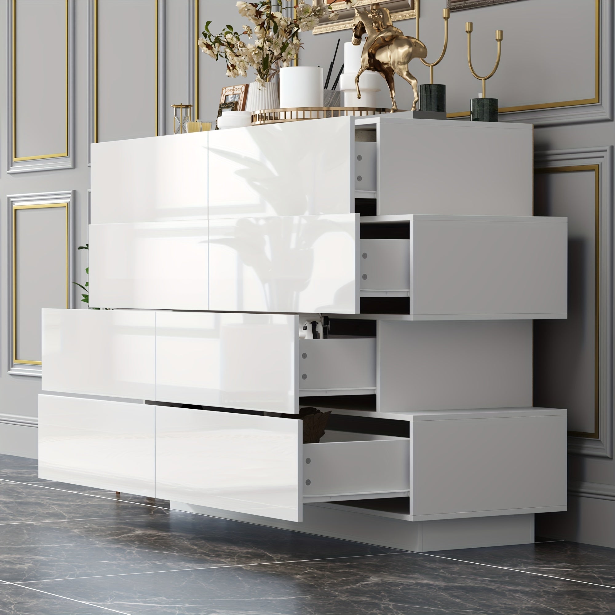 Modern Glossy Drawer Cabinet Storage Cabinet With 8 Drawers Asymmetrical Design Fashionable And Minimalist Design Large