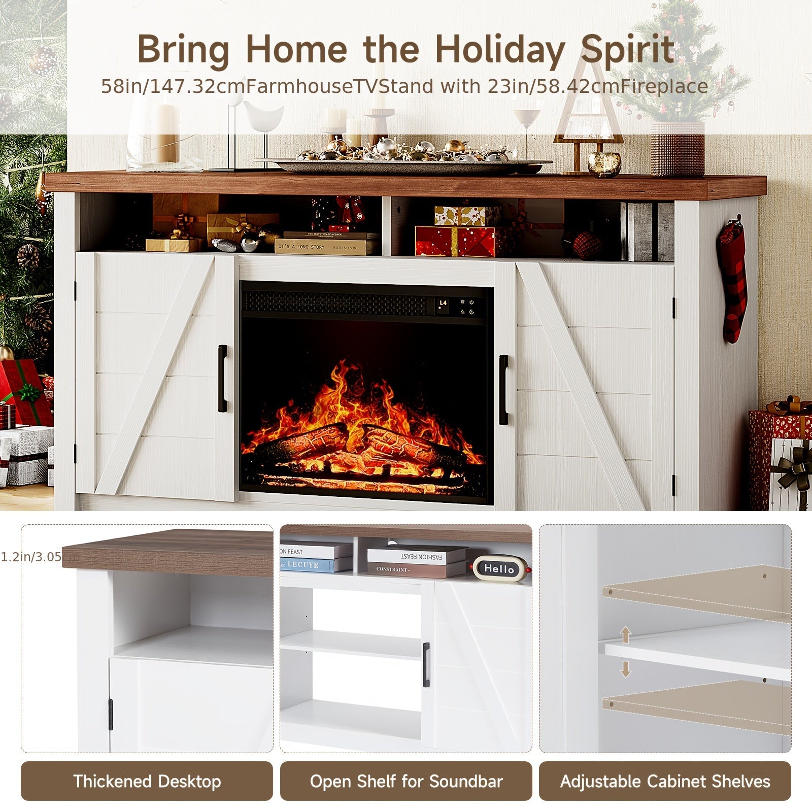 Rustic Farmhouse Highboy TV Stand with 58cm Electric Fireplace - Antique White Fits Up to 70’’ TVs Spacious Media
