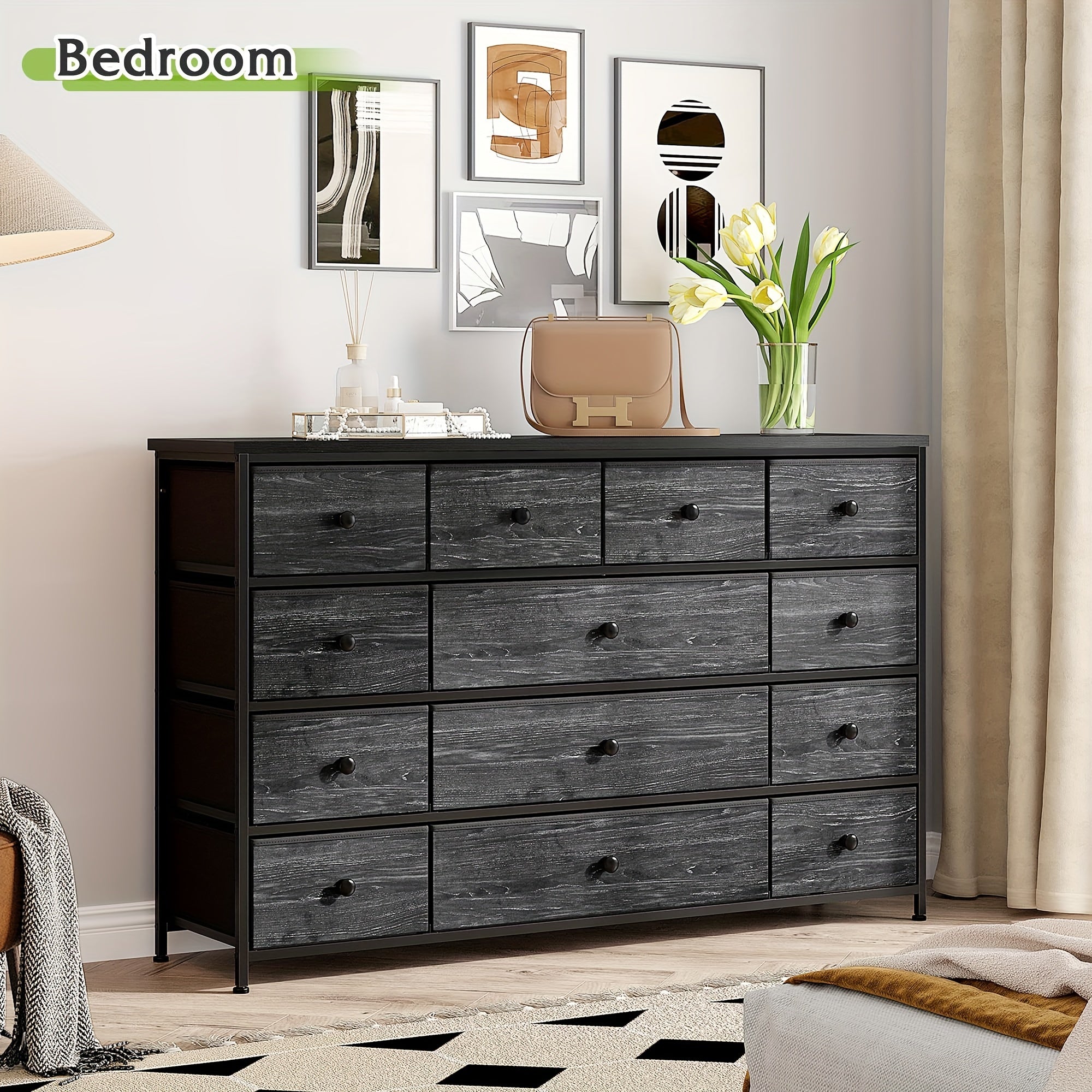 1pc Black Dresser Dresser For Bedroom Dresser With 13 Storage Drawer Dressers And Chests Of Drawers For 55’’ TV Black