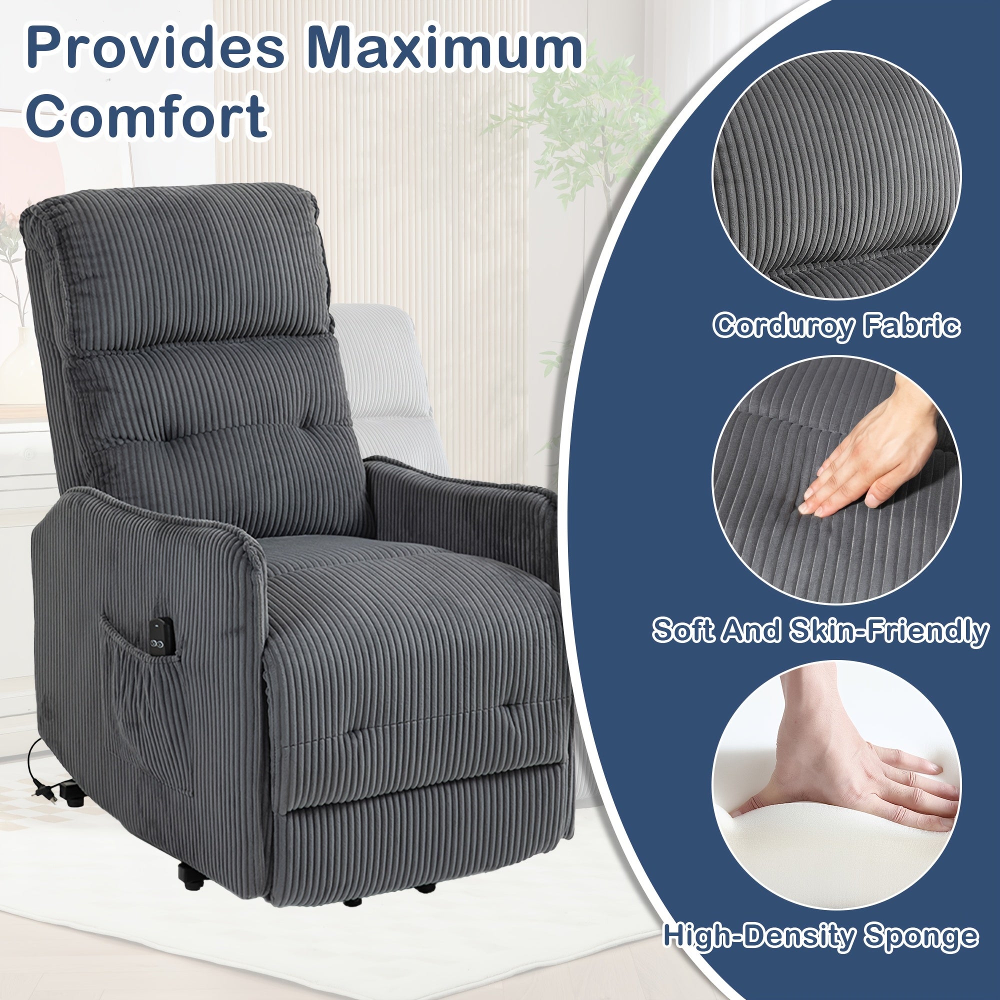 Plush Corduroy Power Lift Recliner Chair for Adults - Easy-to-Operate, Adjustable Height with Side Pocket, Ideal for Living Room, Bedroom, Home Theater - Comfortable Memory Foam, Solid Back, Gray