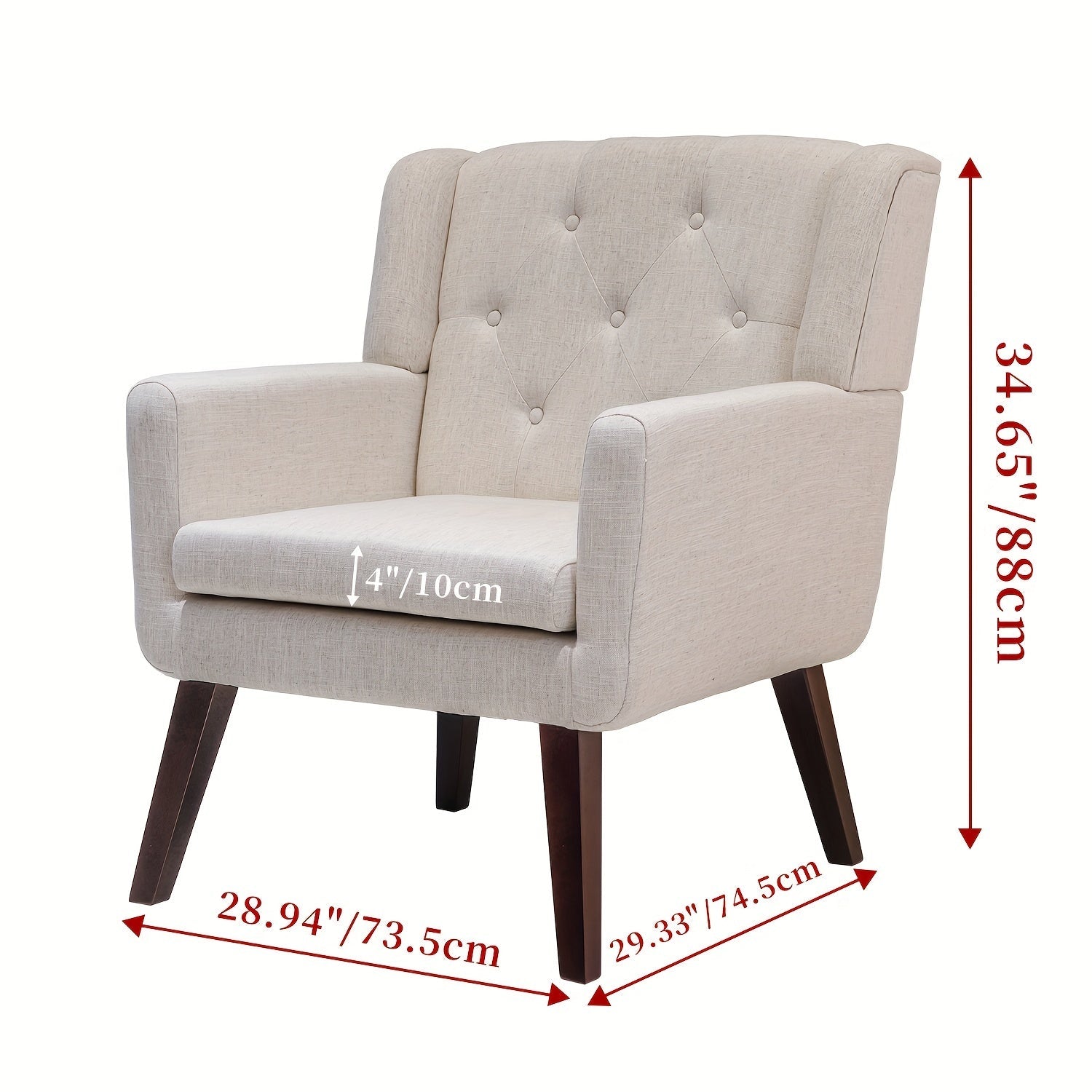 Single Lounge Chair Accent Chair with Arms, Upholstered Living Room Sofa Chair, Modern Cozy Armchair with Pin Decor on Backrest and Wood Legs