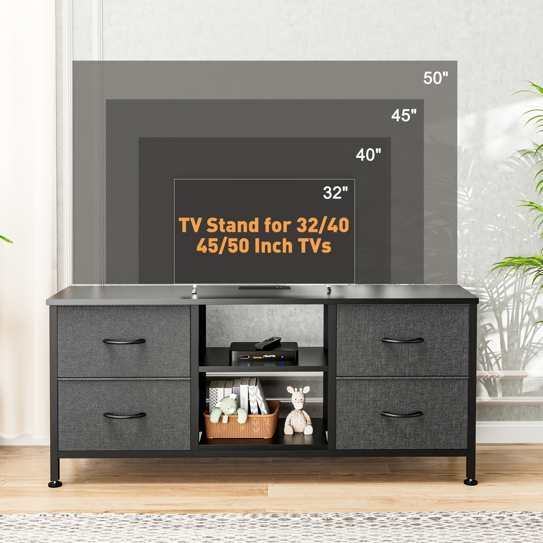 Dresser TV Stand With Power Outlet For 50'' TV, Long Dresser For Bedroom With 4 Fabric Drawers, Wide Console Table For Storage In Closet Living Room Entryway, Wood Top