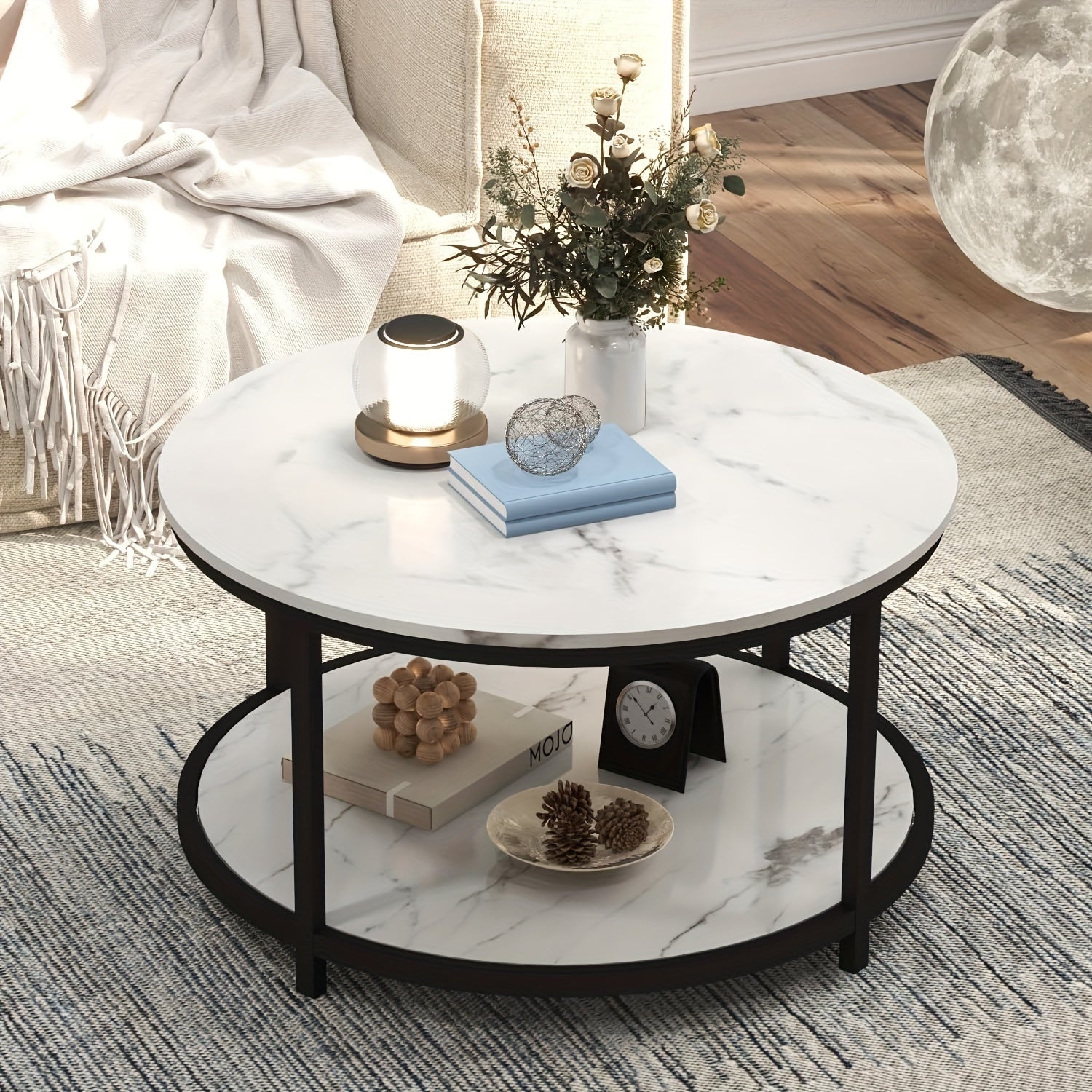 Round Coffee Table, 33.5" Coffee Table For Living Room With 2-Tier Storage Shelf, Modern Wood Desktop Open Storage Compartment For Bedroom Home Office (White)