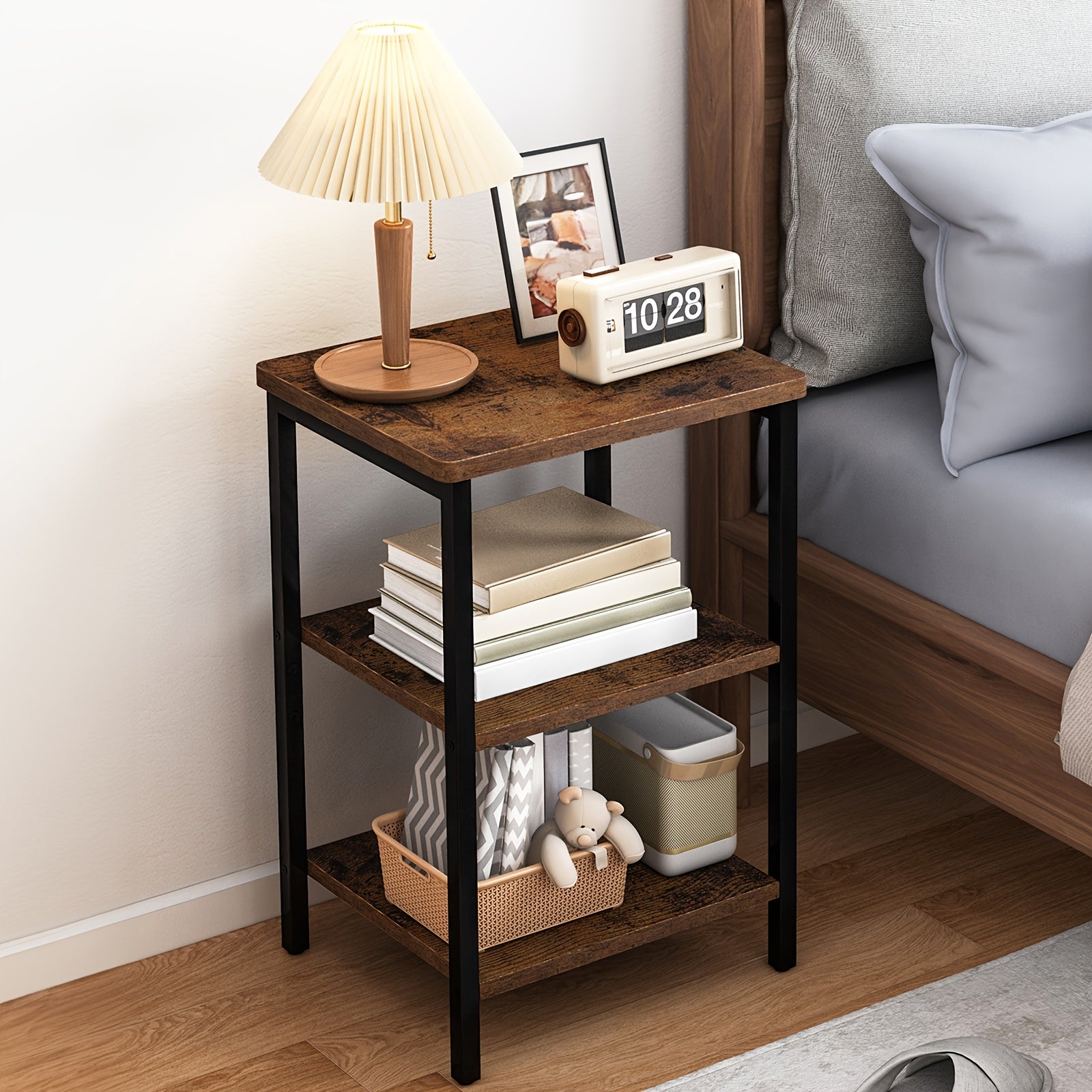 1pc 3-Tier Side Table, Rustic Brown And Black Small End Table, Sofa Table, Nightstand, Home Decor, For Coffee, Snack, Laptop, Bedroom, Living Room, Office, Christmas, Fall And Winter, 13.4×11.8×22.8 Inches.