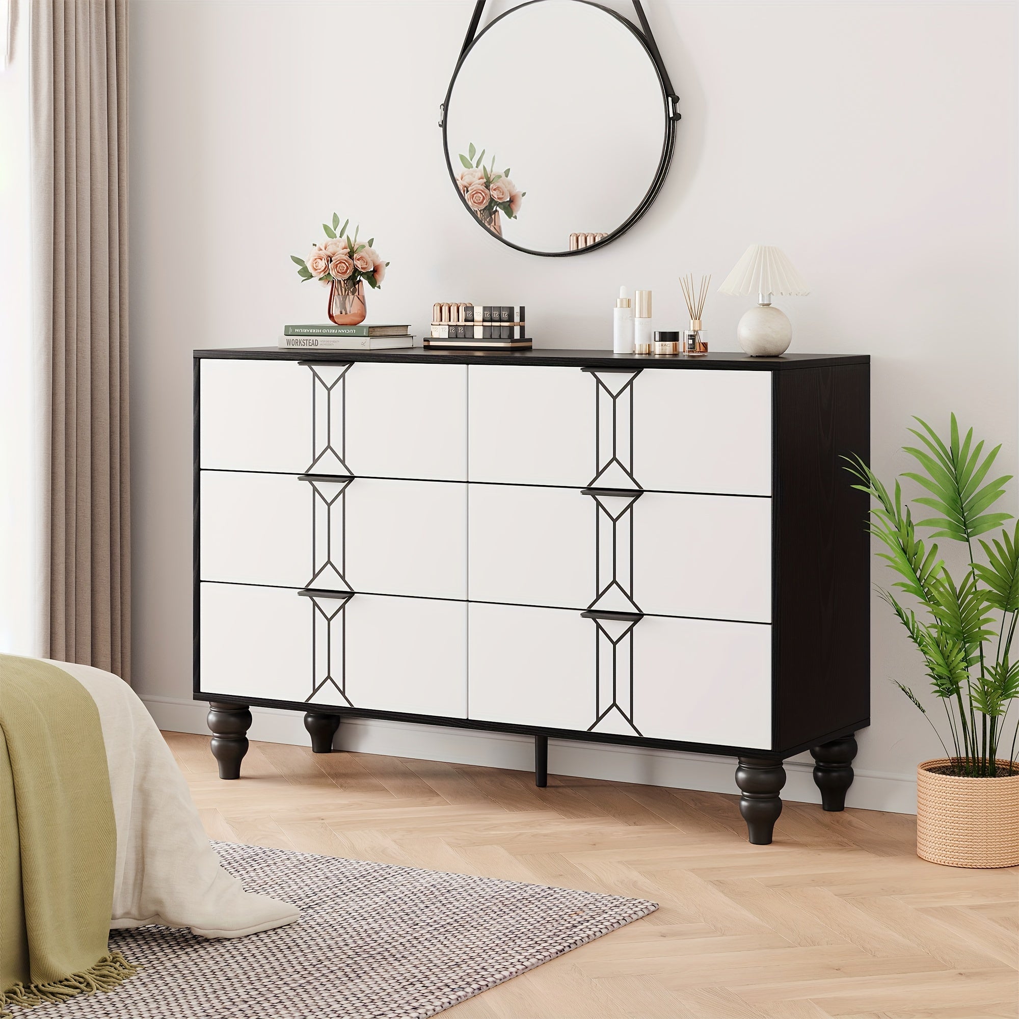 Vintage Style 6-Drawer Dresser, Modern Black And White Chest With Deep Storage For Bedroom, Living Room And Entryway