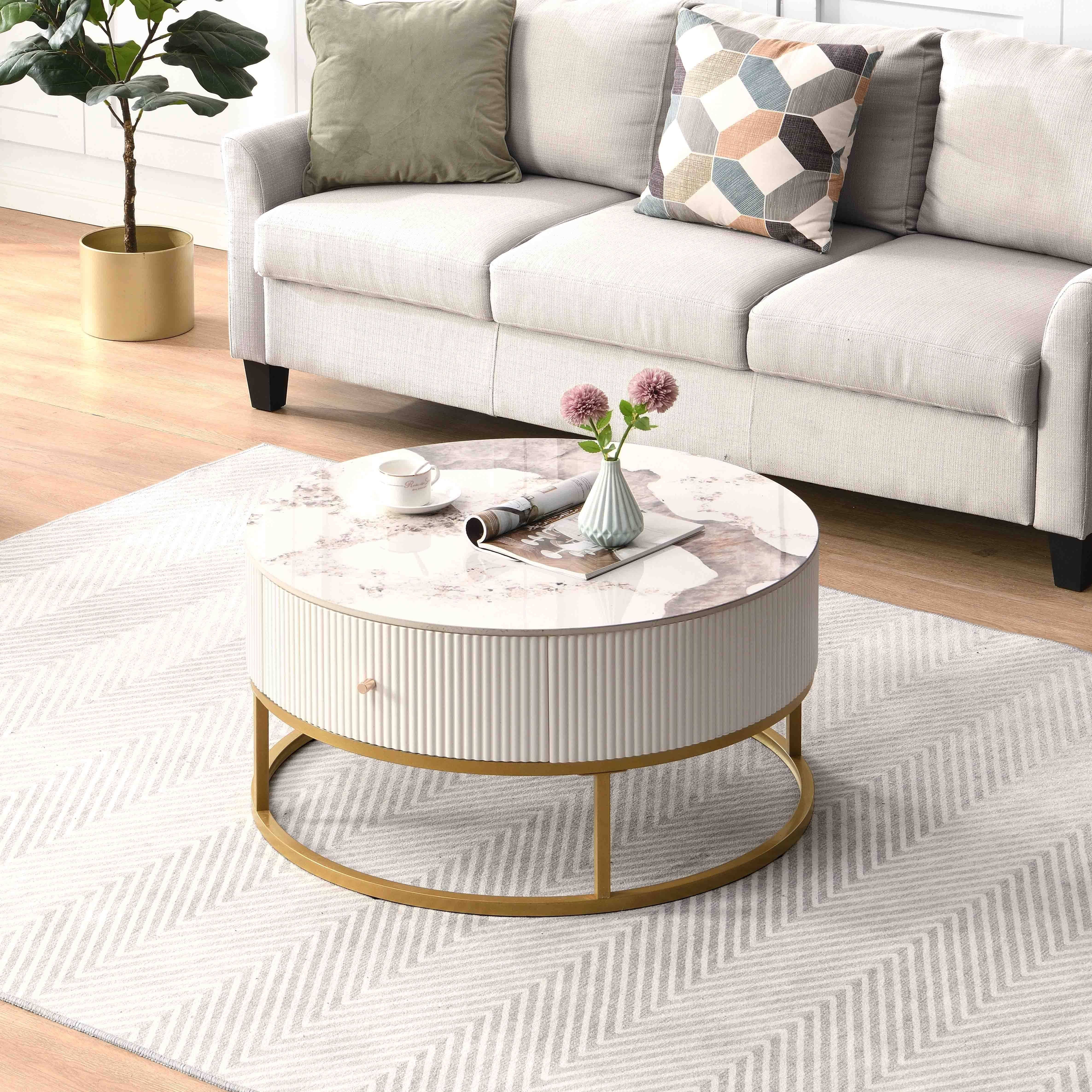 80cm Modern Round Coffee Table With Drawers, Marble Table With Storage, Coffee Table For Living Room