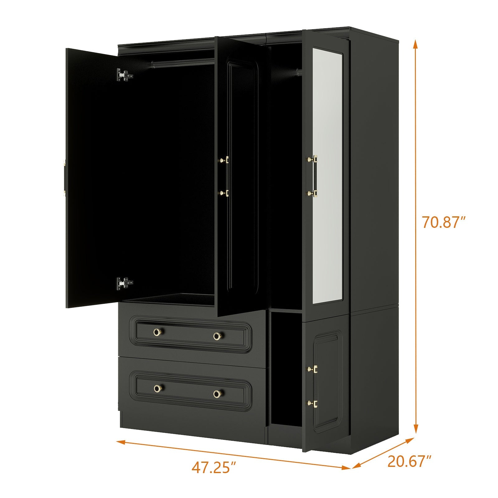 Black 3-Door Freestanding Wardrobe Armoire Closet - Modern Bedroom Organizer with Mirror, 2 Hanging Rods, 2 Drawers, and 2 Shelves - Contemporary Design, Hardwood Construction for Ample Storage, Bedroom Decor, Best fo