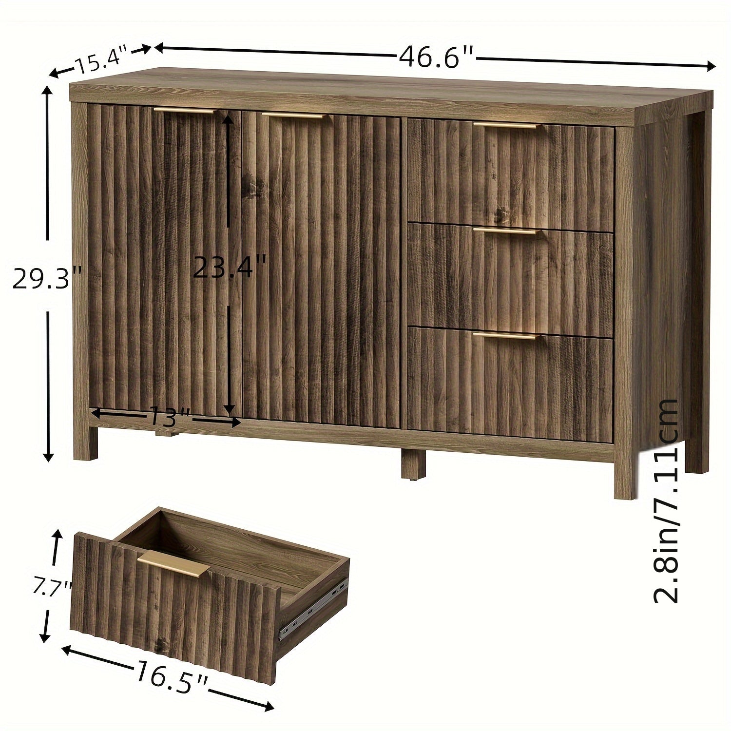 Fluted Drawers CabinetDresser Dresser TV Stand With 3 Drawers And Shelves Rectangular Design For Bedroom Living Room