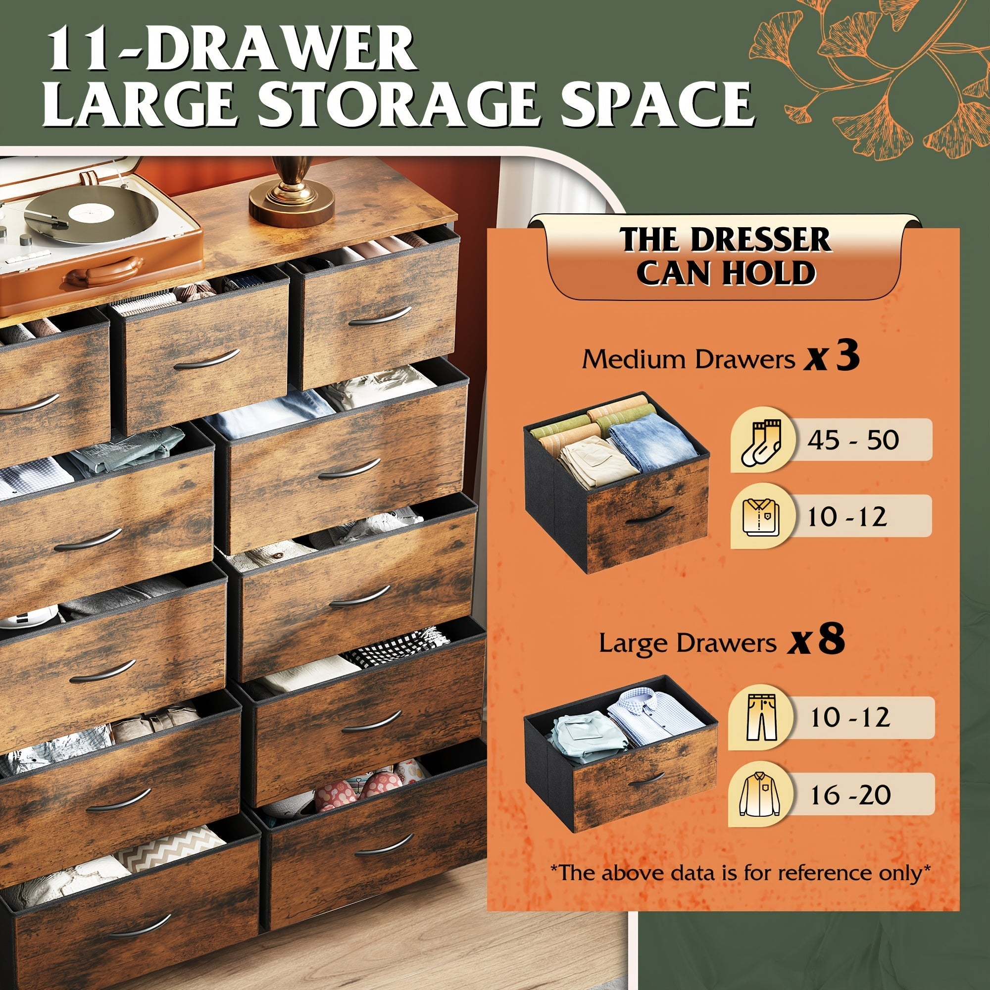 Tall Dresser for Bedroom Fabric Dresser Storage Tower Dresser & Chest of Drawers Organizer Unit with 11 Drawers Storage