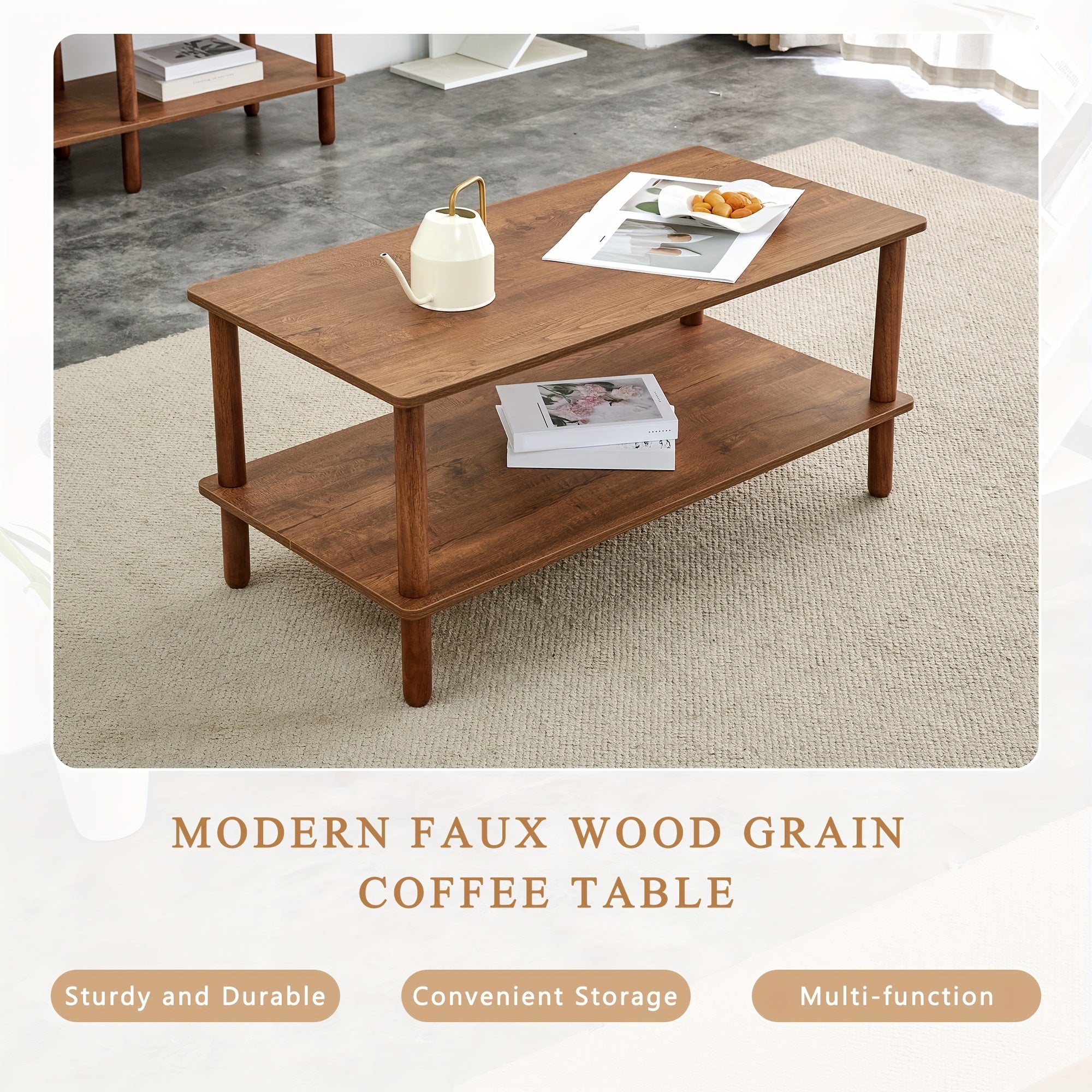2-Tier Coffee Table For Living Room Walnut Wood Coffe Table With Open Storage Shelf Living Room Table Rectangular