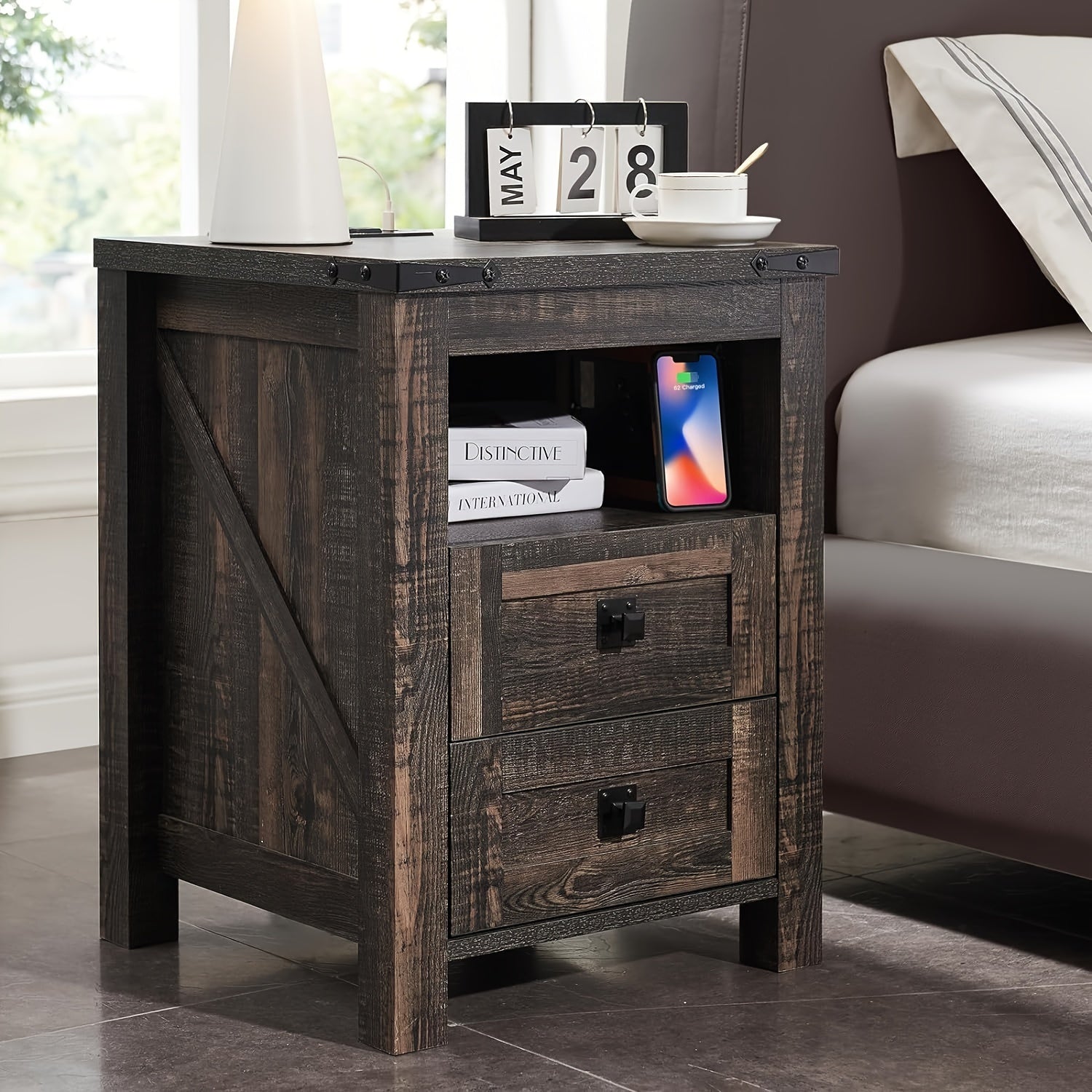 Bedside Table with Charging Station, End Table, Side Table with 2 Drawers Storage Cabinet for Bedroom, Living Room, Farmhouse Design