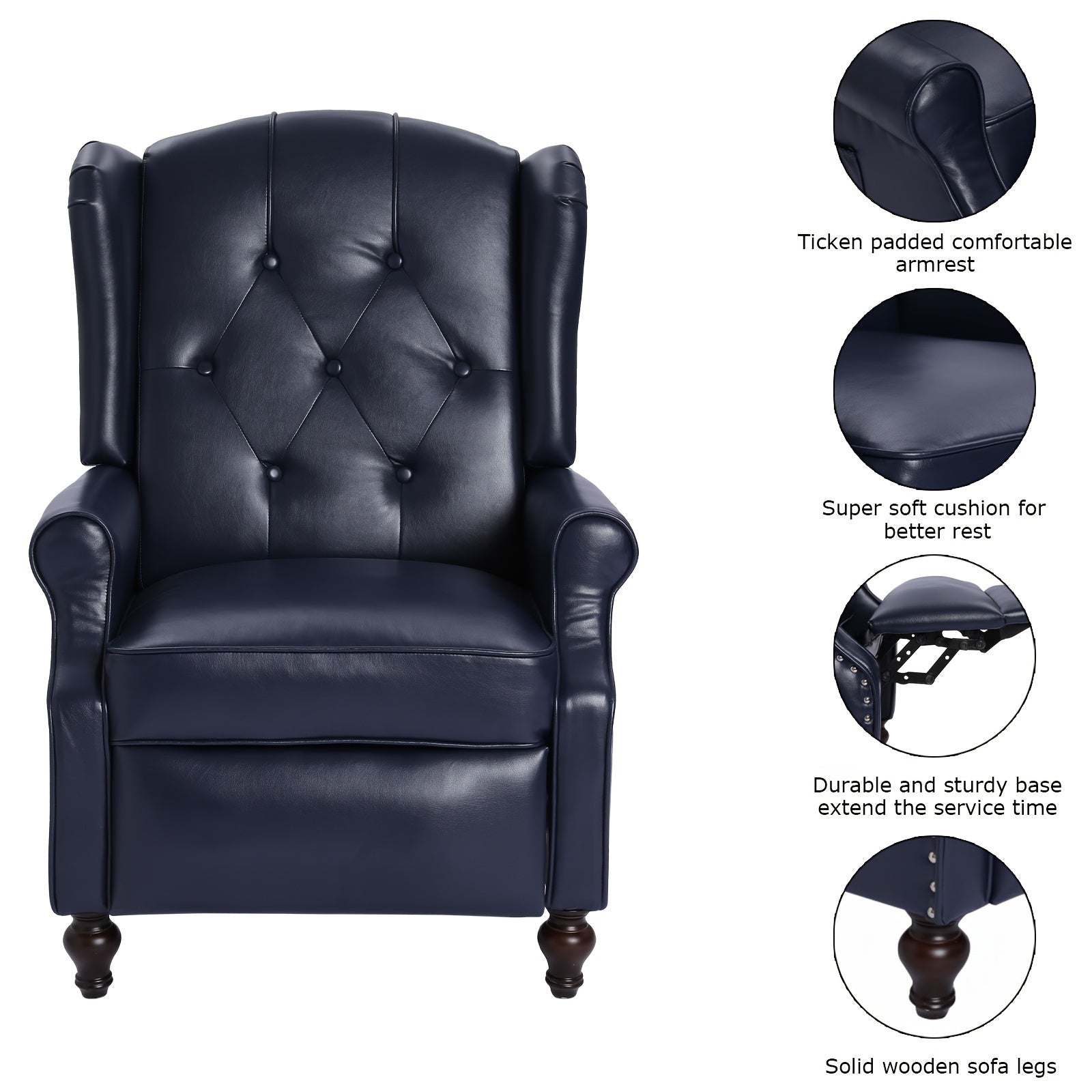 Recliner Chair With Heat And Massage, PU Leather Push Back Recliner Chair For Living Room, Vintage Wingback Recliner With Remote Control, Padded Cushion, Backrest, Wooden Legs (Navy Blue)