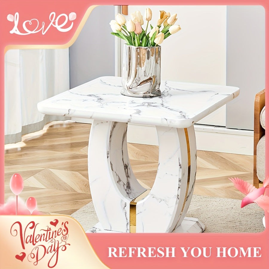 Modern Faux Marble Pattern Side Table with Golden Accents 23.6’’ Square Top Adjustable Foot Pads And Sturdy Base