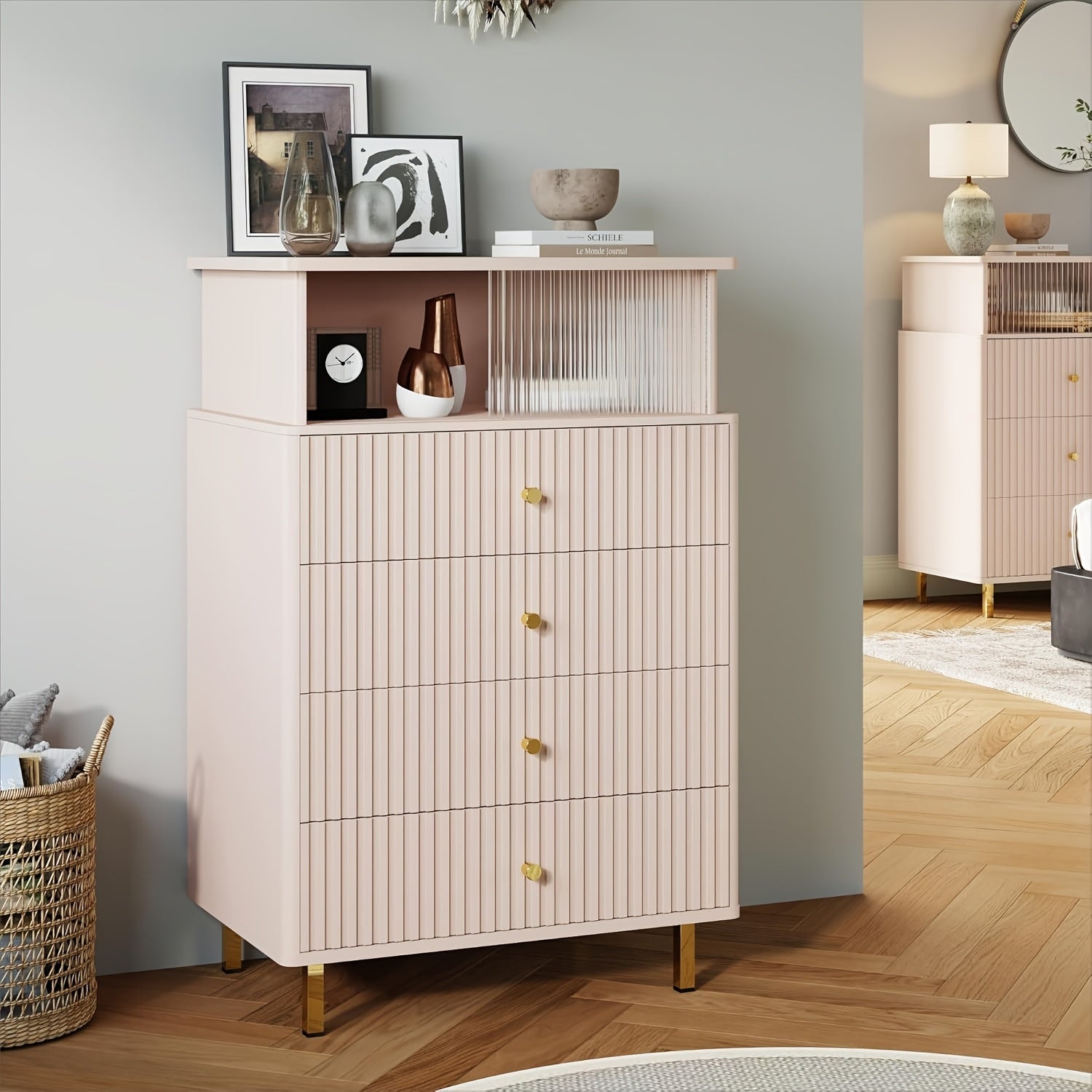 Modern White & Golden 4-Drawer Dresser with LED Lighting - Large Capacity Acrylic Accents for Bedroom Living Room