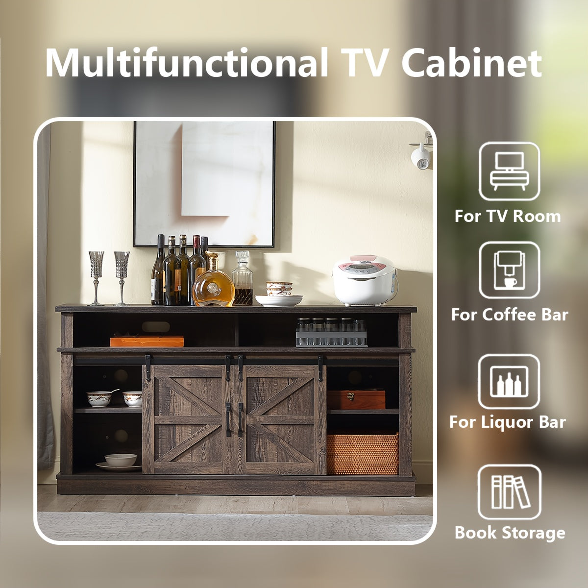 Dark Rustic Oak Wooden TV Stand with Sliding Doors, Open Storage Entertainment Center Console for Living Room and Bedroom, Tv Stands for Living Room