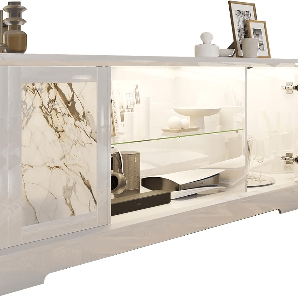 63" Natural Marble TV Stand, Modern High-Gloss Entertainment Hub Featuring LED Lights and Pine Legs, White TV Console Cabinet Accommodating TVs Up to 73"