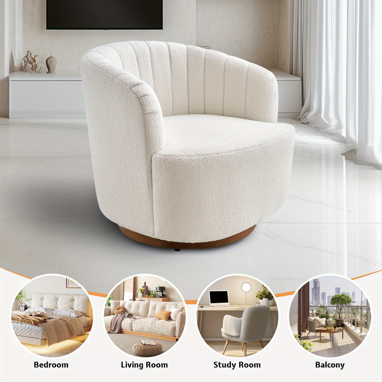 Modern Swivel Accent Chair - Elegant 360° Rotatable Barrel Design, Cream Boucle Fabric Upholstery with Wooden Base, Perfect for Living Room, Bedroom, Vanity, or Reading Nook, Accent Chair for Living Room