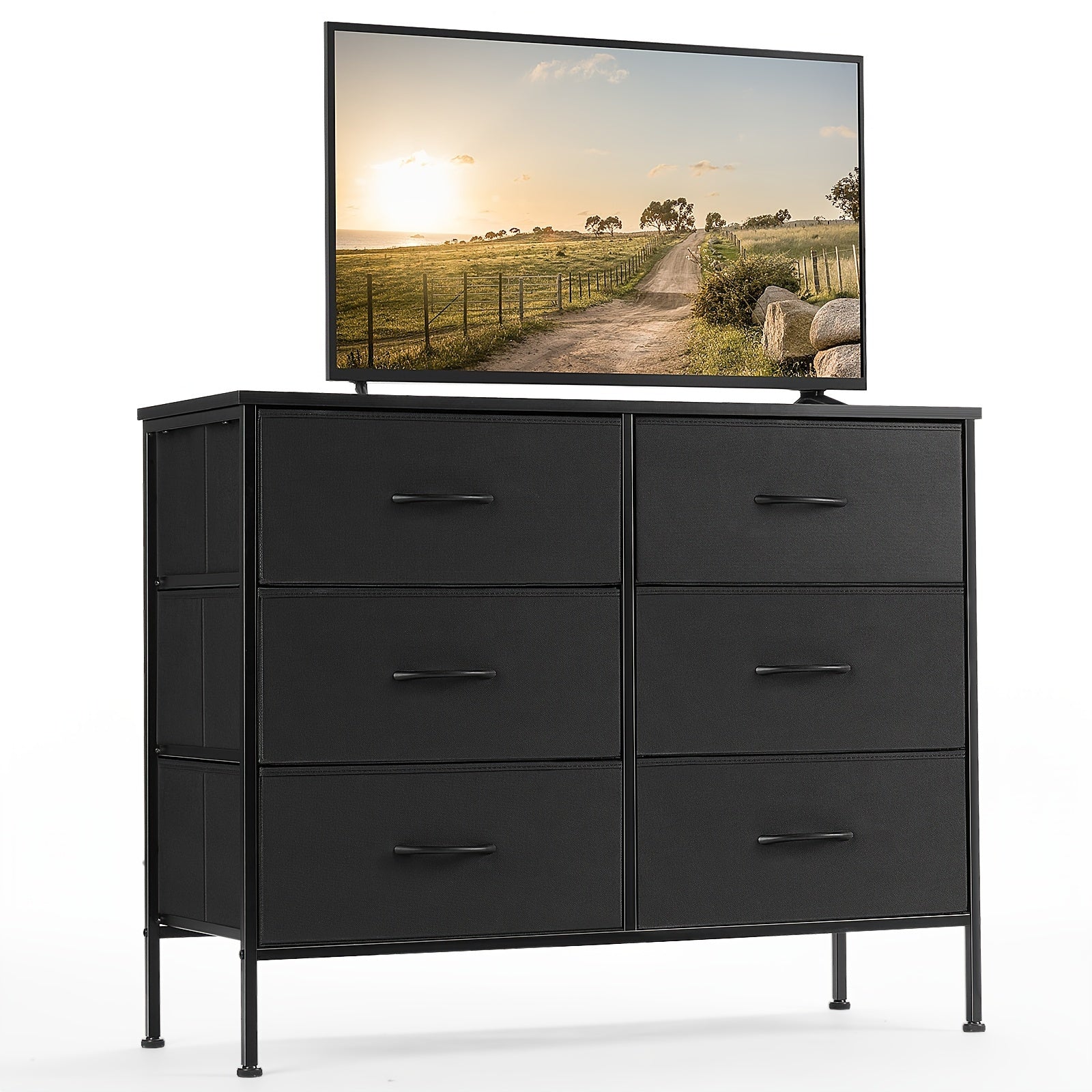 1pc/2pcs 6-Drawer Fabric Storage Tower Dresser Wooden Top TV Stand For 114cm Screen Chest Of Drawers With Fabric Bins
