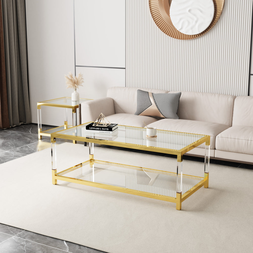 Elegant Modern Coffee Table with Golden Metal Frame & Clear Acrylic Legs - Waterproof, Easy-Clean Glass Top for Living Room Coffee Table for Living Room