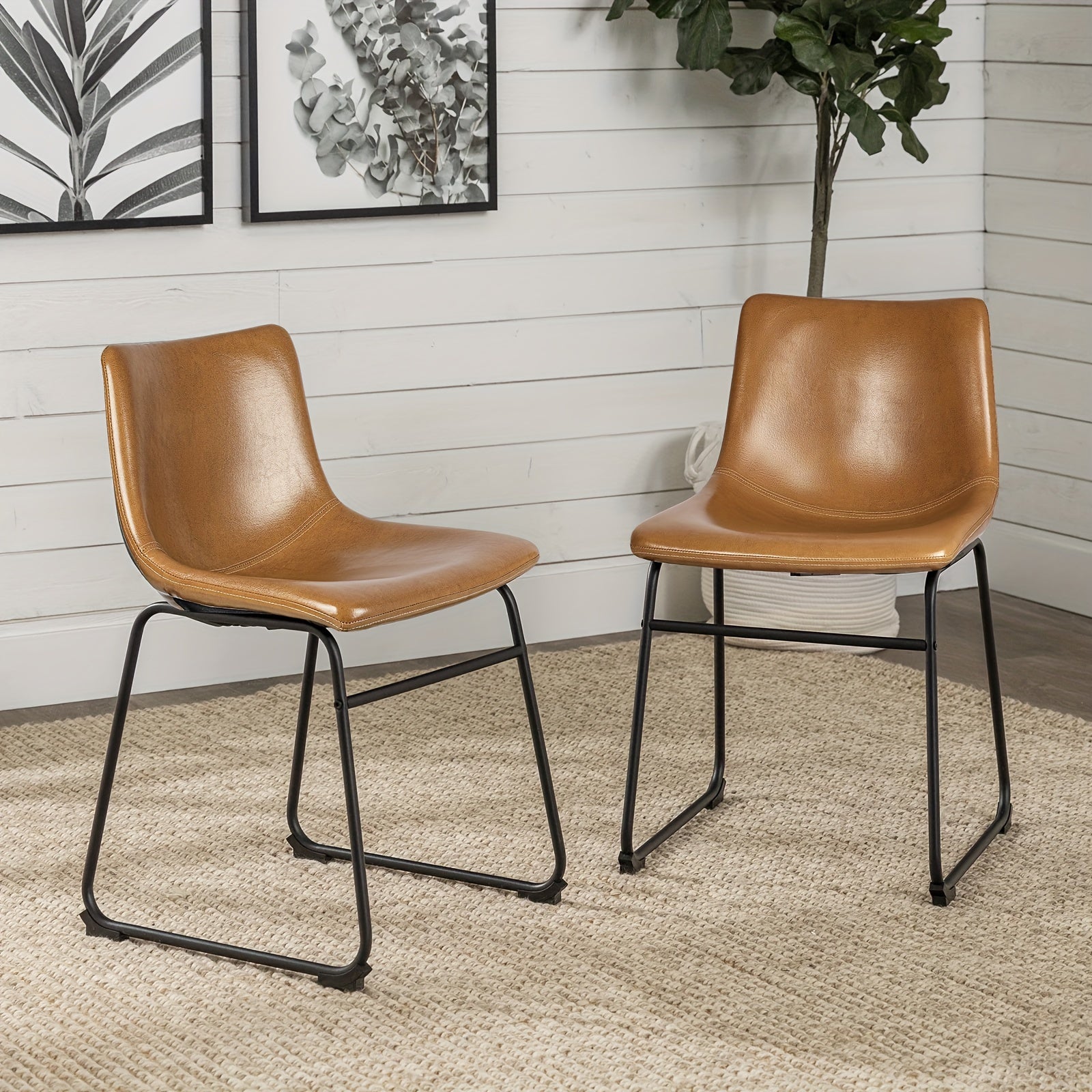 Faux Leather Dining Chairs Set of 2, 18 Inch Kitchen & Dining Room Chairs, Mid Century Modern Dining Chairs with Backrest and Metal Legs, Comfortable Upholstered Seat Chairs