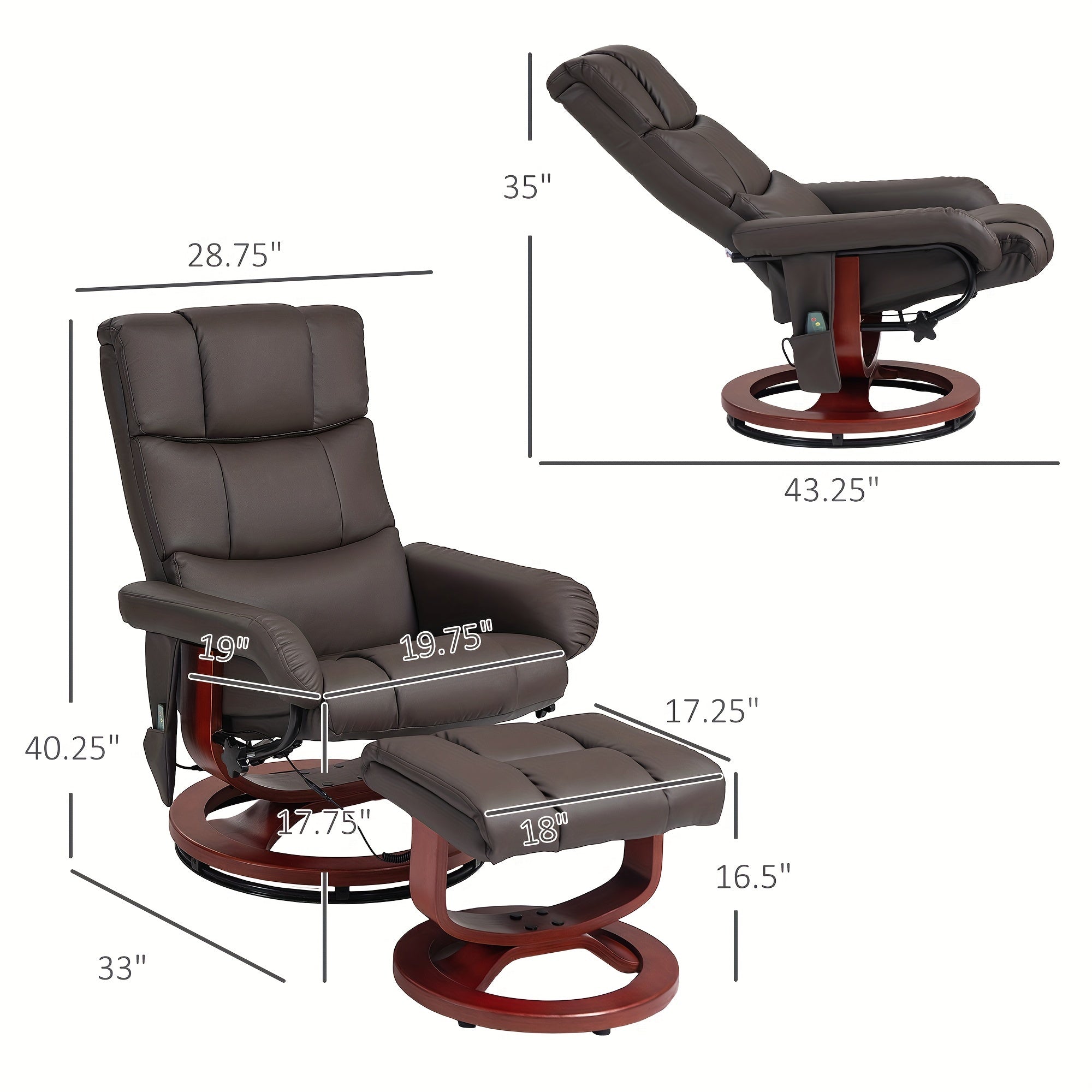 Massage Recliner Chair with Ottoman, Swivel Recliner and Footrest, Faux Leather Reclining Chair with Remote Control and Side Pocket, Brown