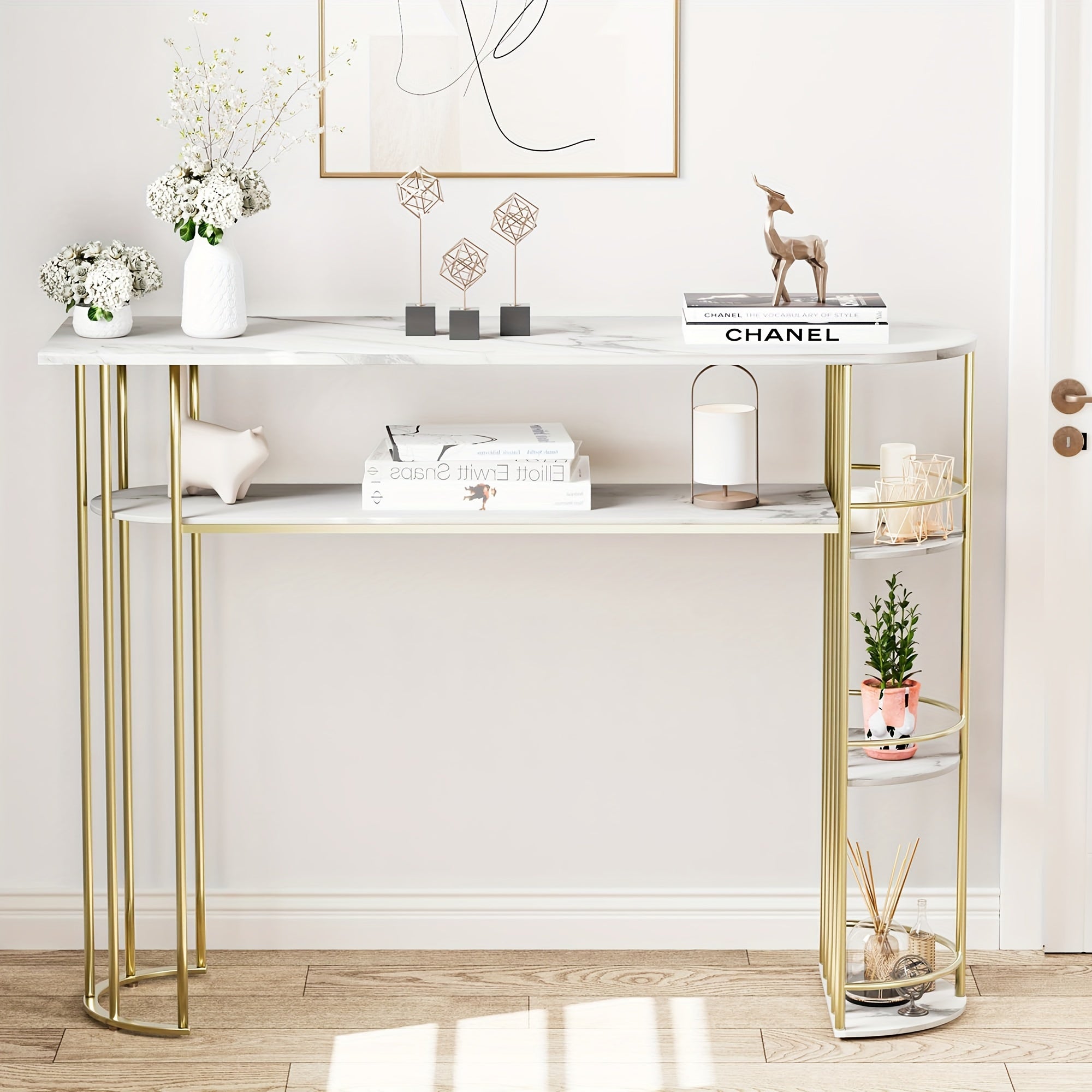 Gold Console Table, Narrow Entryway Table With Storage And Shelves, 43.5" Behind Couch Table For Living Room, Foyer, Or Bedroom