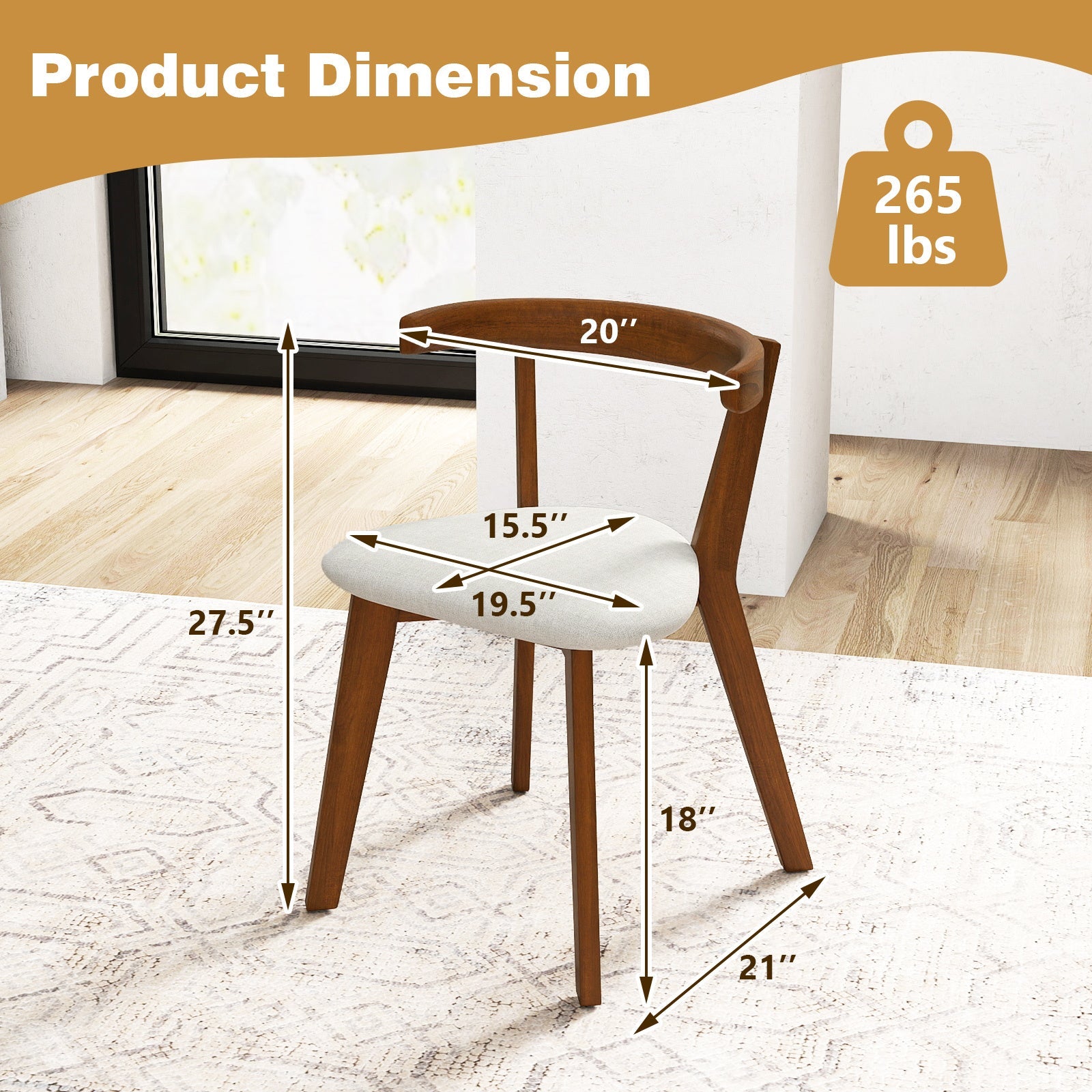 Wood Dining Chair Set of 2/4 Space-Saving Hanging Upholstered Kitchen Chairs w/ Padded Seat & Curved Back Farmhouse